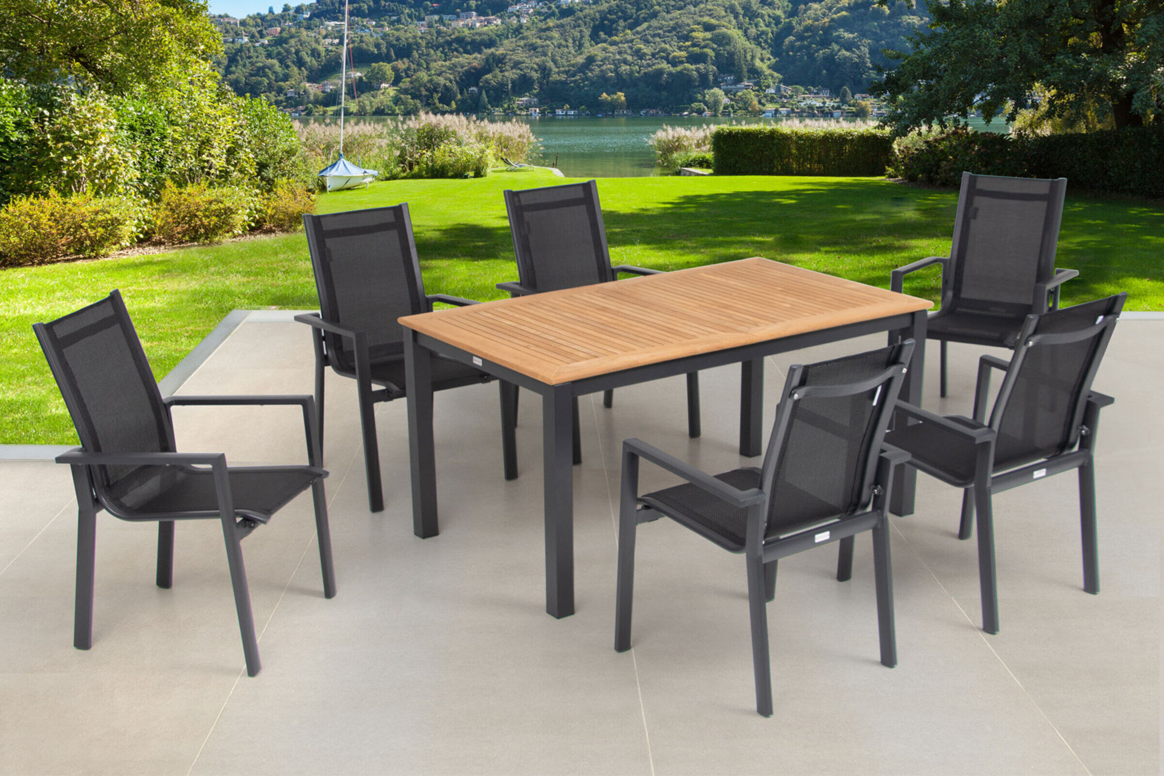 OUTFLEXX Garten-Essgruppe, OUTFLEXX® anthrazit matt, Alu / Teak / Textil, Ausziehtisch 150/210x90cm, 6 Stapelsessel