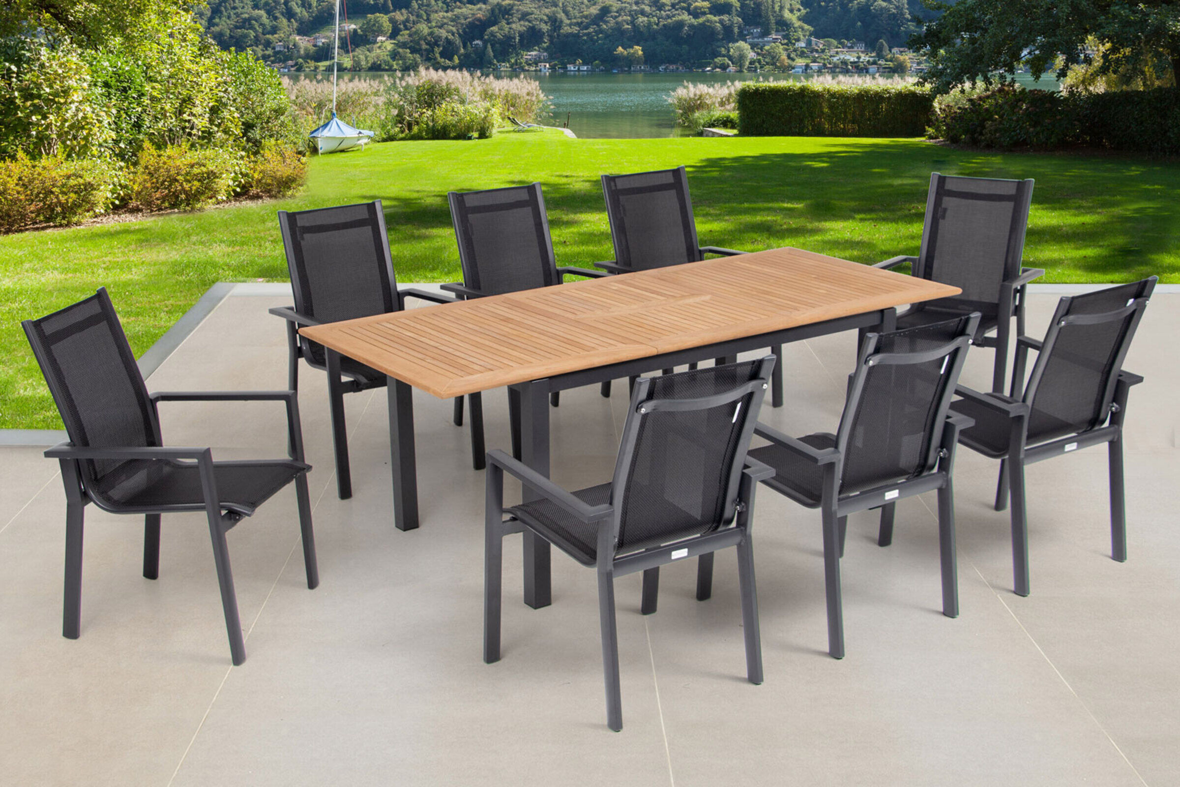 OUTFLEXX Garten-Essgruppe, OUTFLEXX® anthrazit matt, Alu / Teak / Textil, Ausziehtisch 150/210x90cm, 8 Stapelsessel