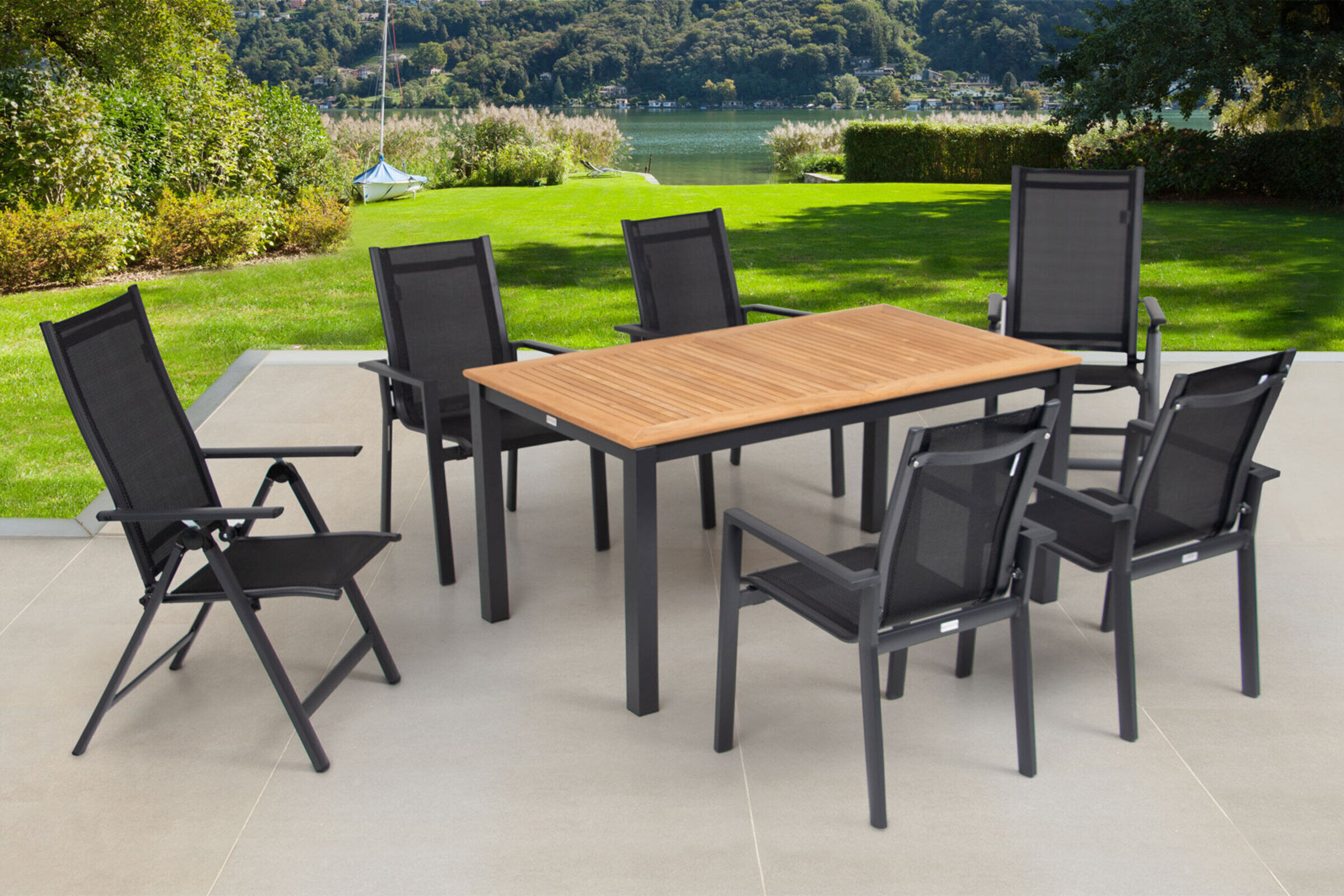 OUTFLEXX Garten-Essgruppe, OUTFLEXX® anthrazit matt, Alu / Teak / Textil, Ausziehtisch 150/210 x 90 cm, 4 Stapelsessel, 2 Multipositionssessel