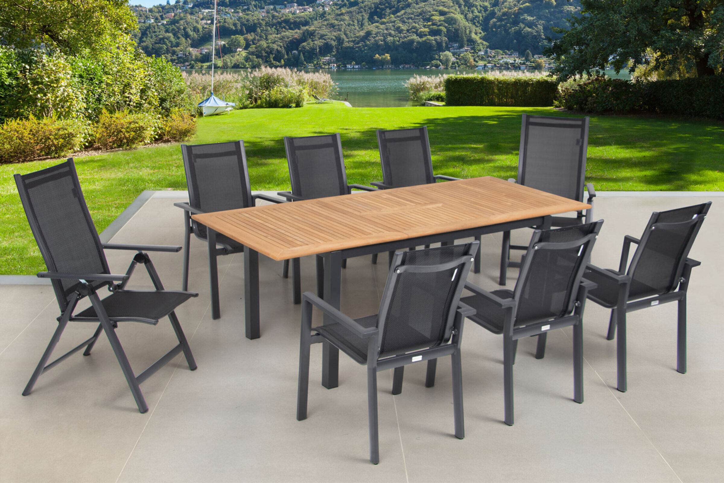 OUTFLEXX Garten-Essgruppe, OUTFLEXX® anthrazit matt, Alu / Teak / Textil, Ausziehtisch 150/210 x 90 cm, 6 Stapelsessel, 2 Multipositionssessel