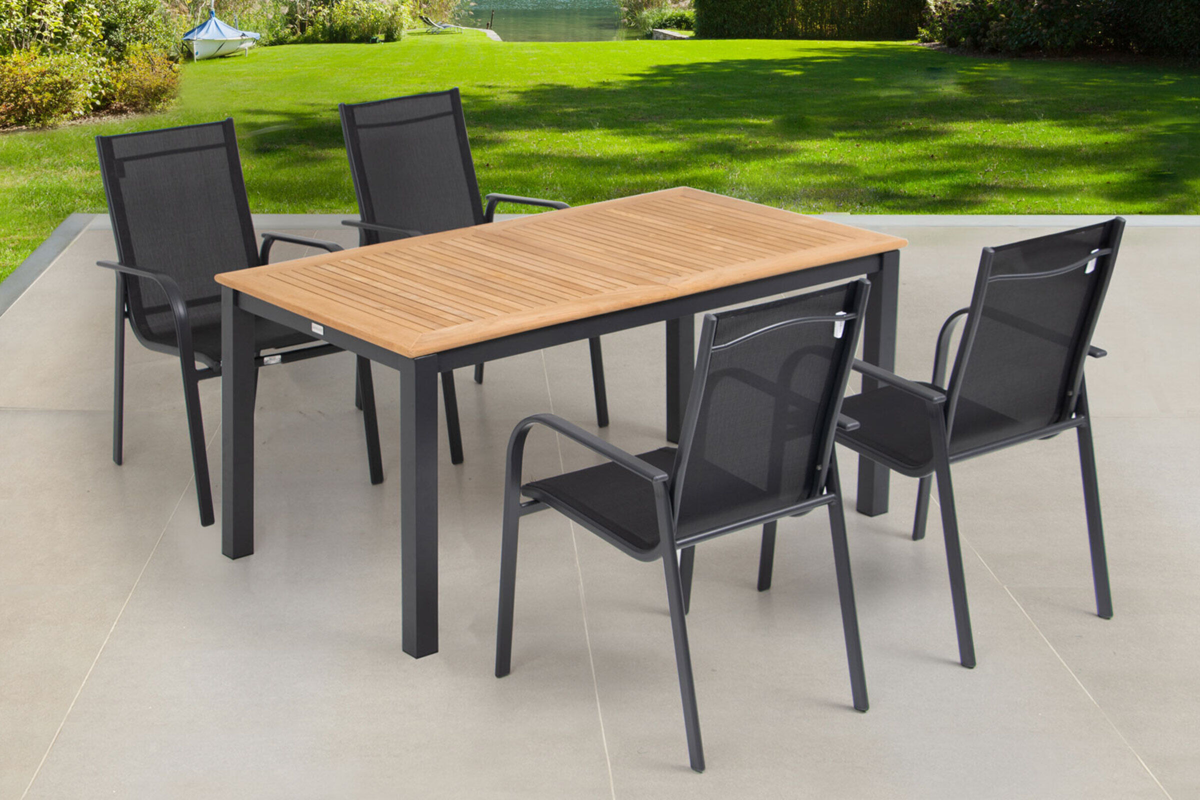 OUTFLEXX Garten-Essgruppe, OUTFLEXX® anthrazit matt, Alu / Teak / Textil, Tisch 150/210x90cm, 4 Sessel, stapelbar