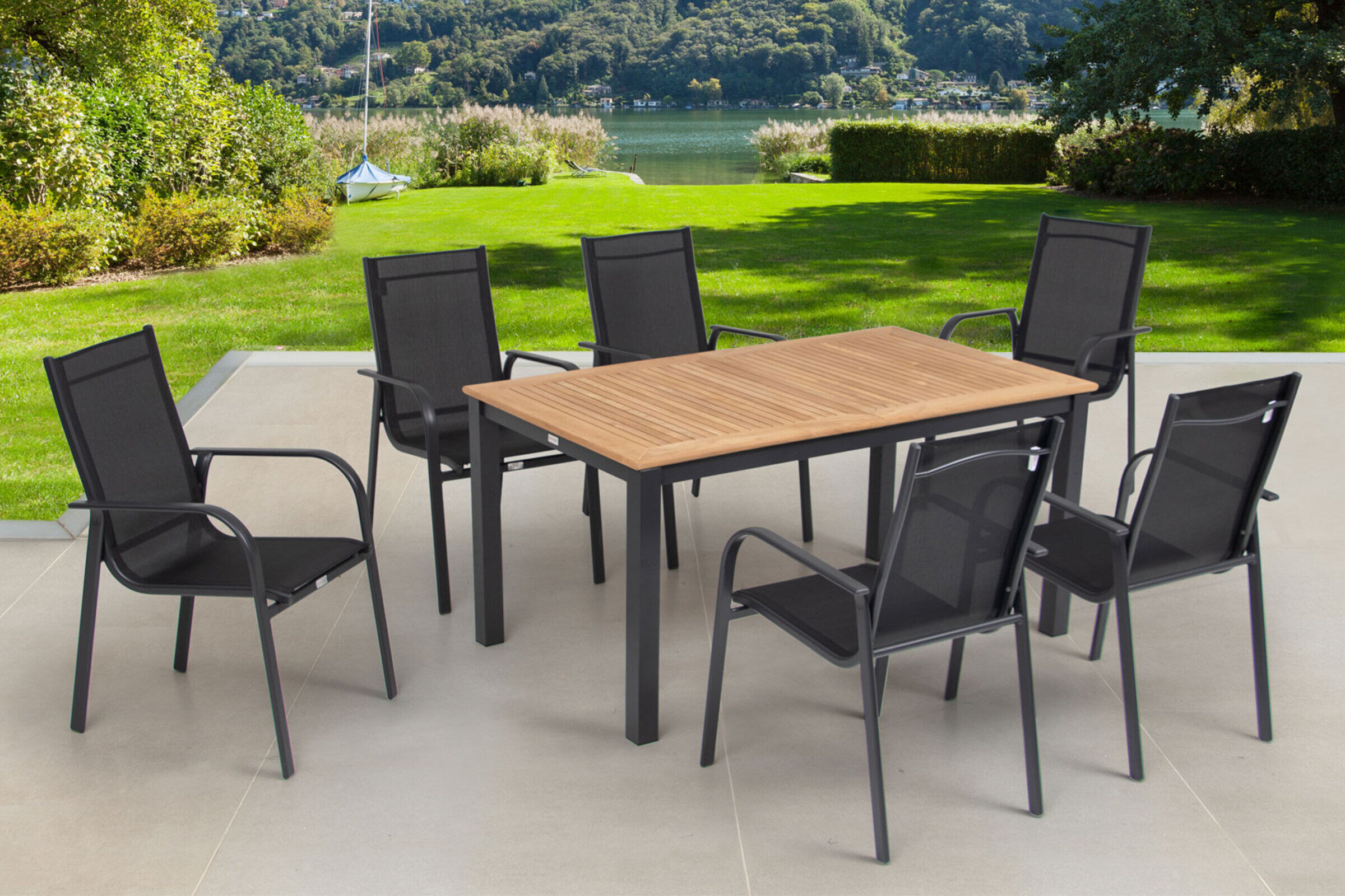 OUTFLEXX Garten-Essgruppe, OUTFLEXX® anthrazit matt, Alu / Teak / Textil, Tisch 150/210x90cm, 6 Sessel, stapelbar