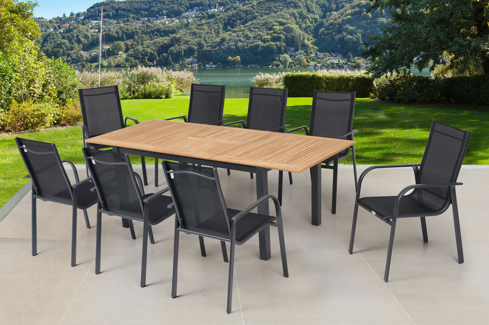 OUTFLEXX Garten-Essgruppe, OUTFLEXX® anthrazit matt, Alu / Teak / Textil, Tisch 150/210x90cm, 8 Sessel, stapelbar