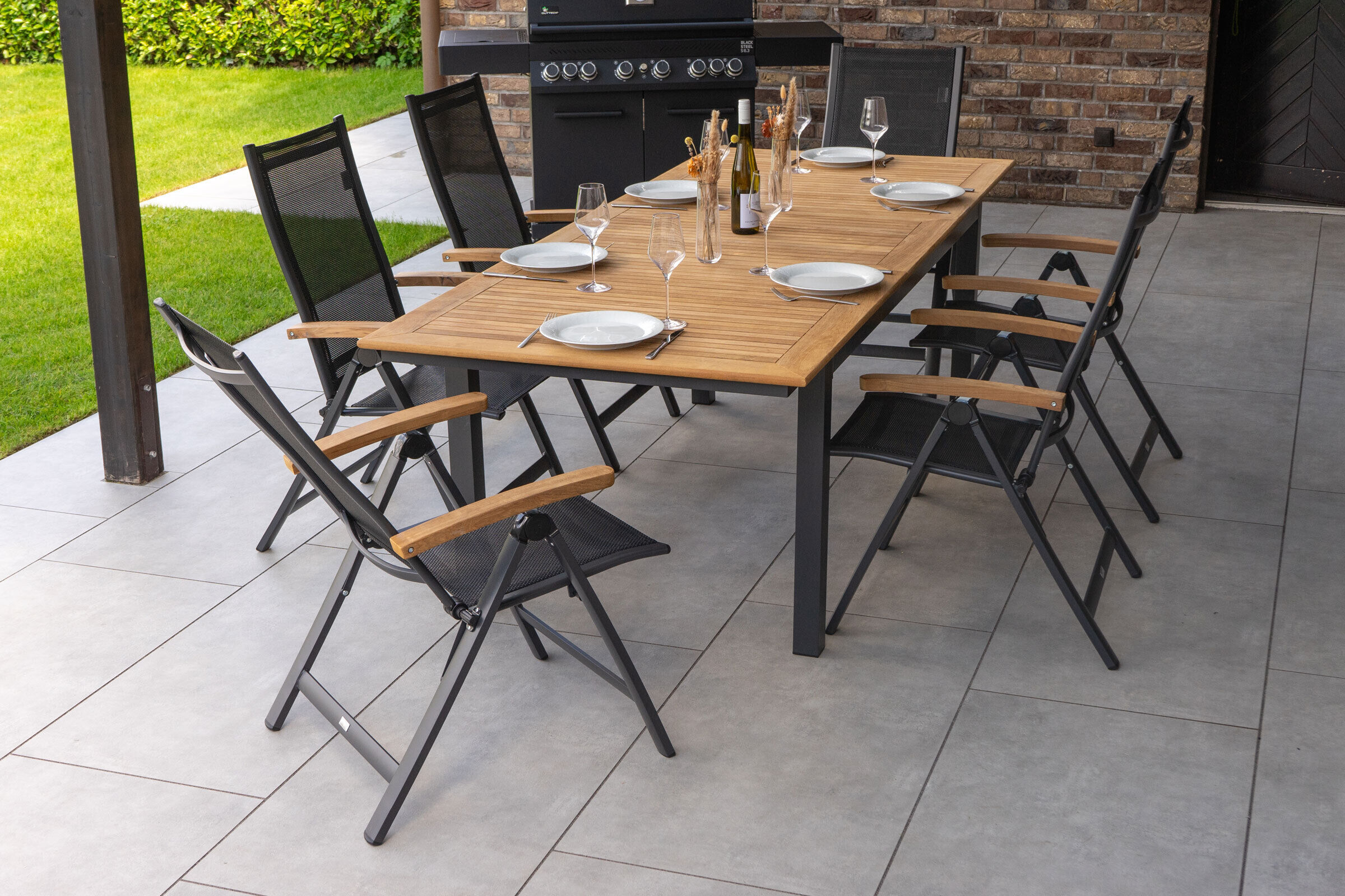 OUTFLEXX Garten-Essgruppe, OUTFLEXX® anthrazit matt, Alu / Teak / Textil, Tisch 180/240x100cm, 6 Multipositionssessel