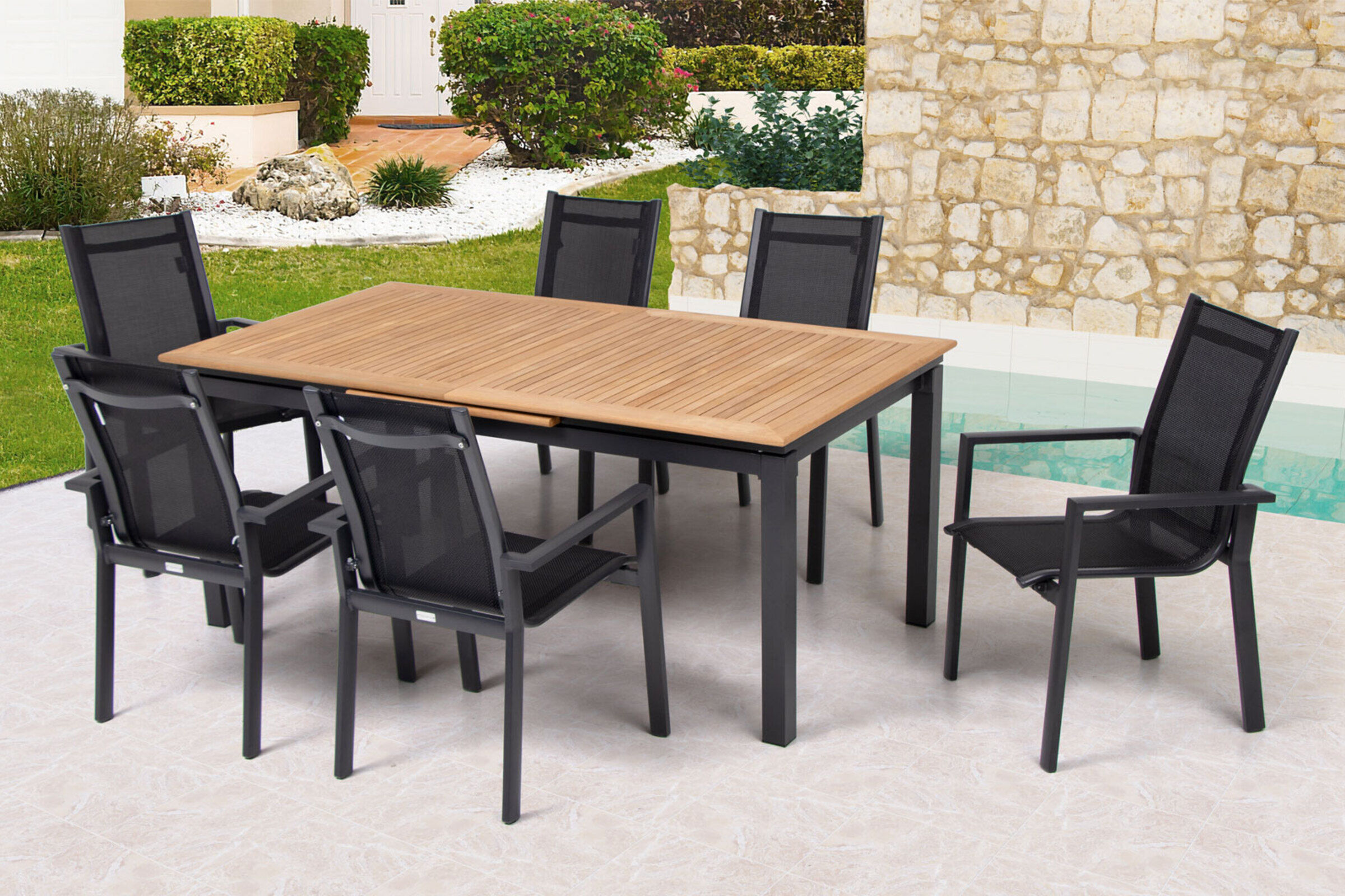 OUTFLEXX Garten-Essgruppe, OUTFLEXX® anthrazit matt, Alu / Teak / Textil, Ausziehtisch 180/240x100cm, 6 Stapelsessel