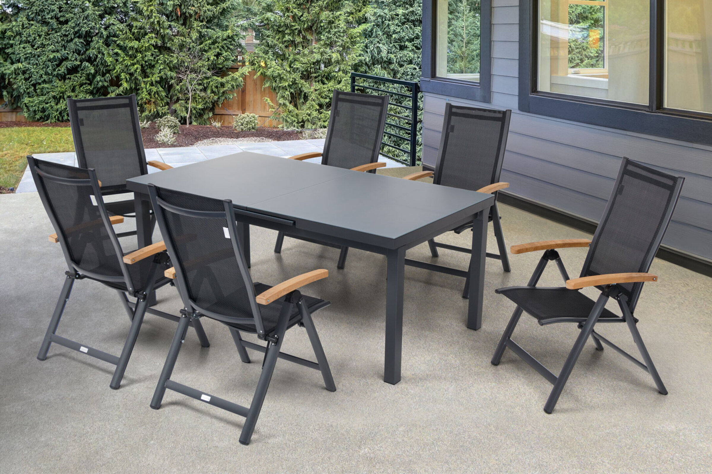 OUTFLEXX Premium Garten-Essgruppe, OUTFLEXX® anthrazit matt, Alu / Glas / Teak, Tisch 180/240x100cm, 6 Multipositionssessel