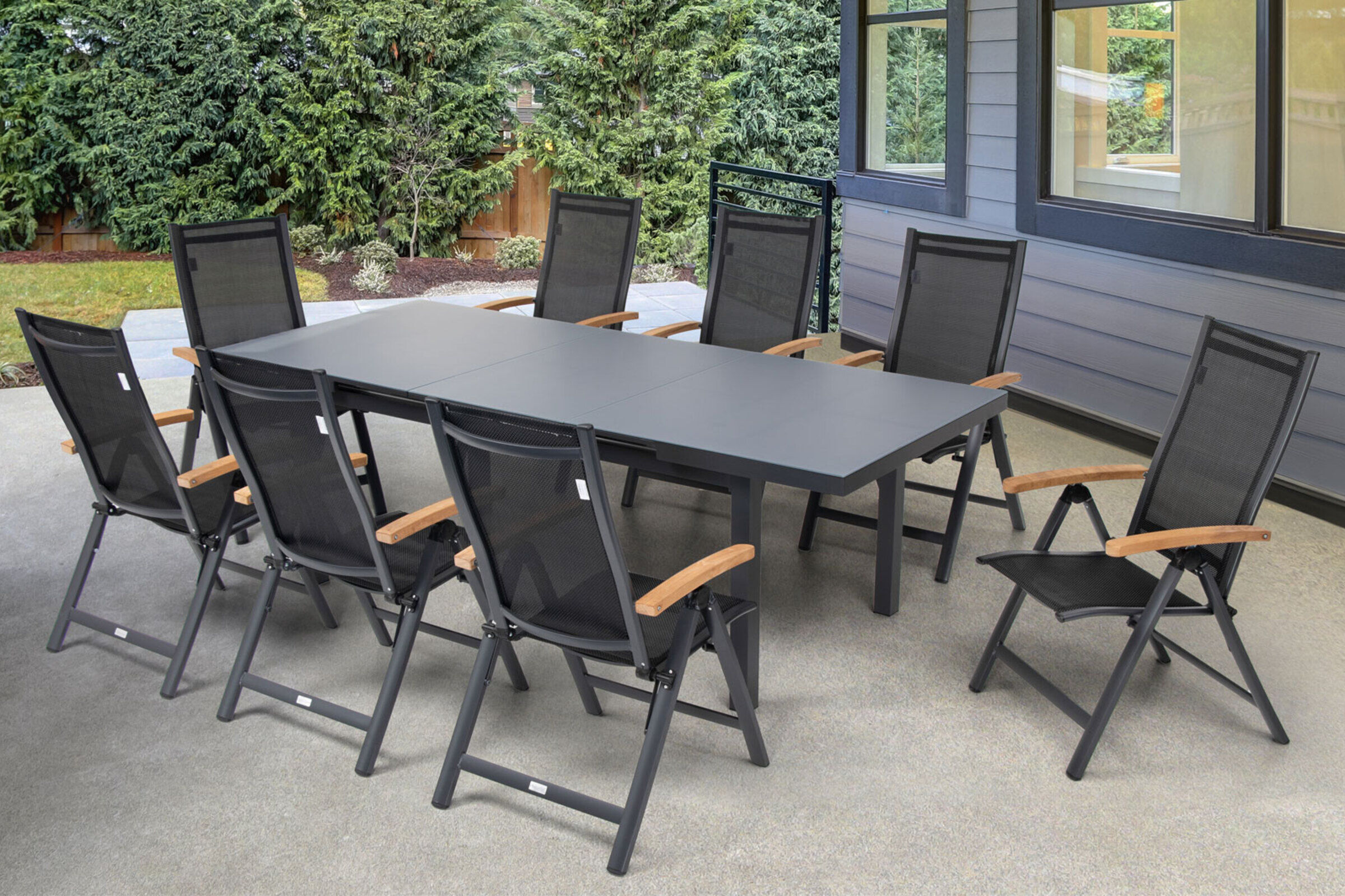 OUTFLEXX Premium Garten-Essgruppe, OUTFLEXX® anthrazit matt, Alu / Glas / Teak, Tisch 180/240x100cm, 8 Multipositionssessel