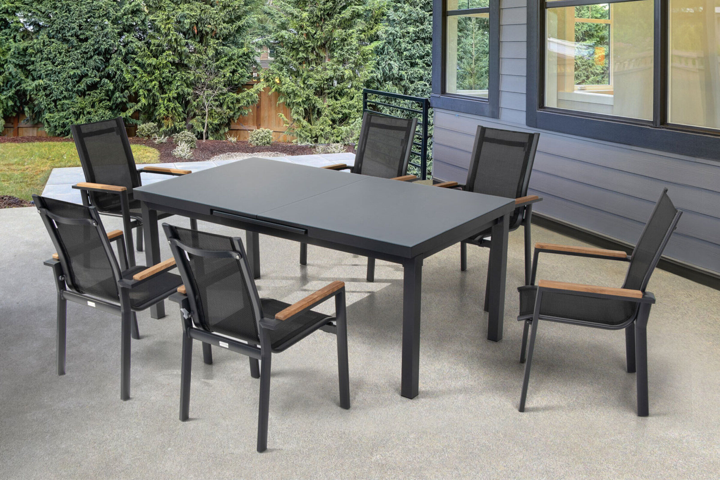 OUTFLEXX Premium Garten-Essgruppe, OUTFLEXX® anthrazit matt, Alu / Glas / Teak, Tisch 180/240x100cm, 6 Stapelsessel