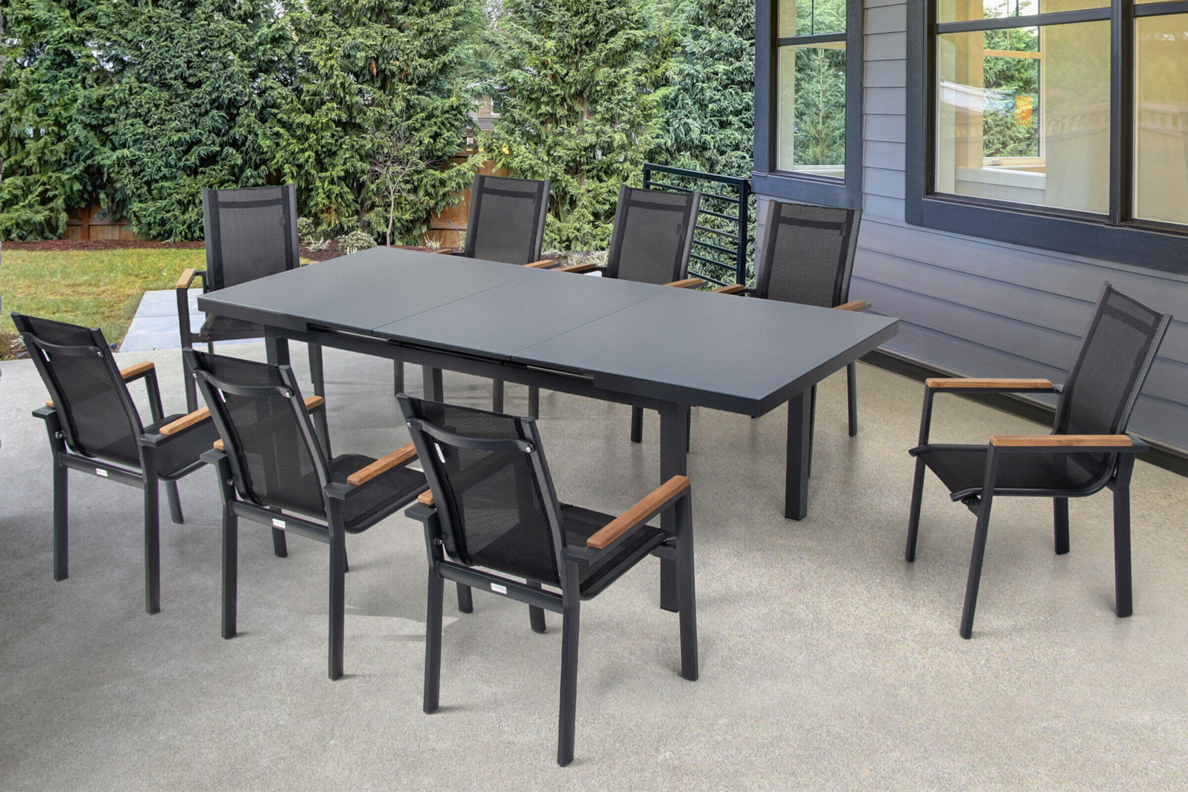 OUTFLEXX Premium Garten-Essgruppe, OUTFLEXX® anthrazit matt, Alu / Glas / Teak, Tisch 180/240x100cm, 8 Stapelsessel