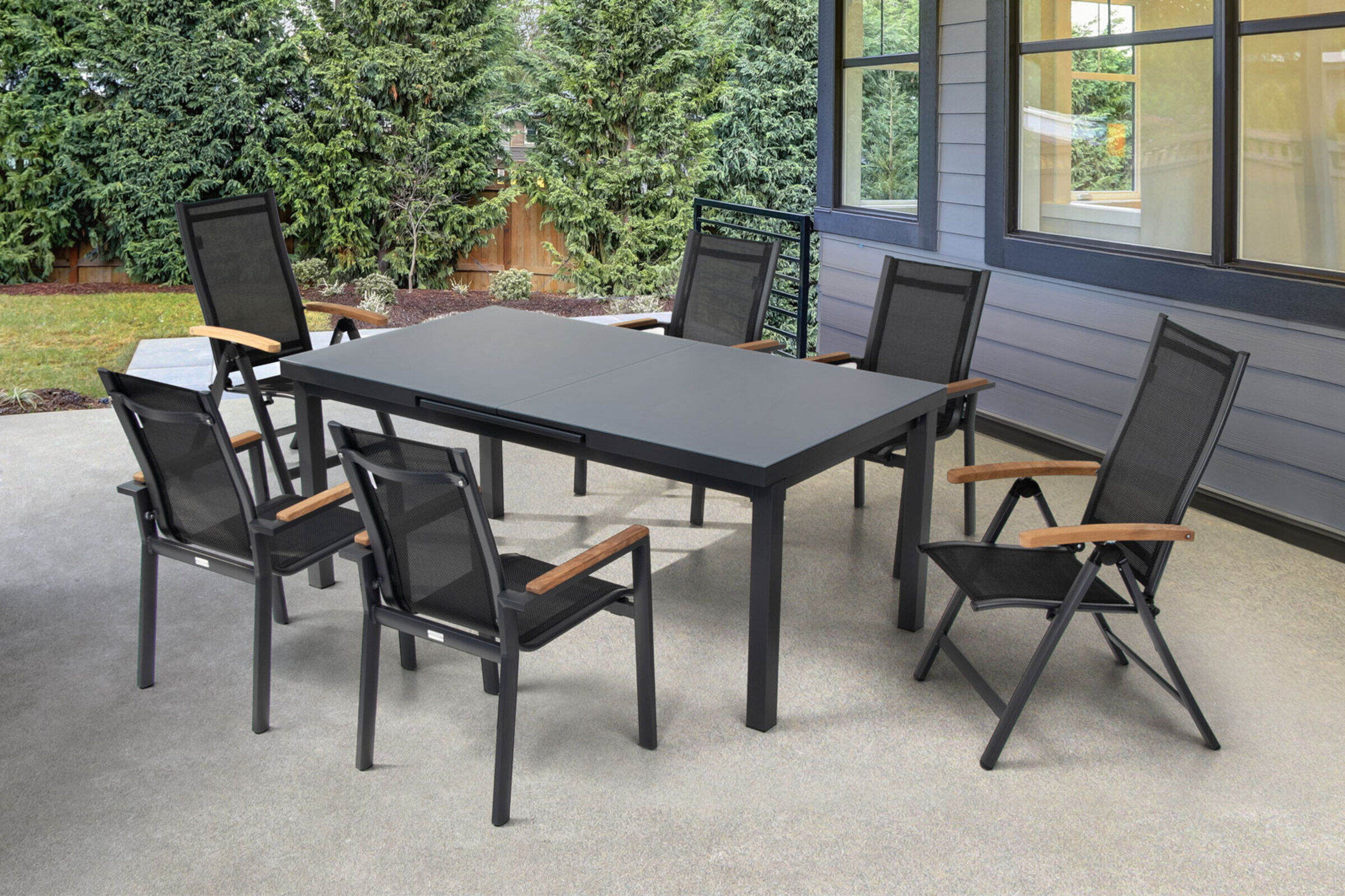 OUTFLEXX Premium Garten-Essgruppe, OUTFLEXX® anthrazit matt, Alu / Glas / Teak, Tisch 180/240 x 100cm, 4 Stapelsessel, 2 Multipositionssessel