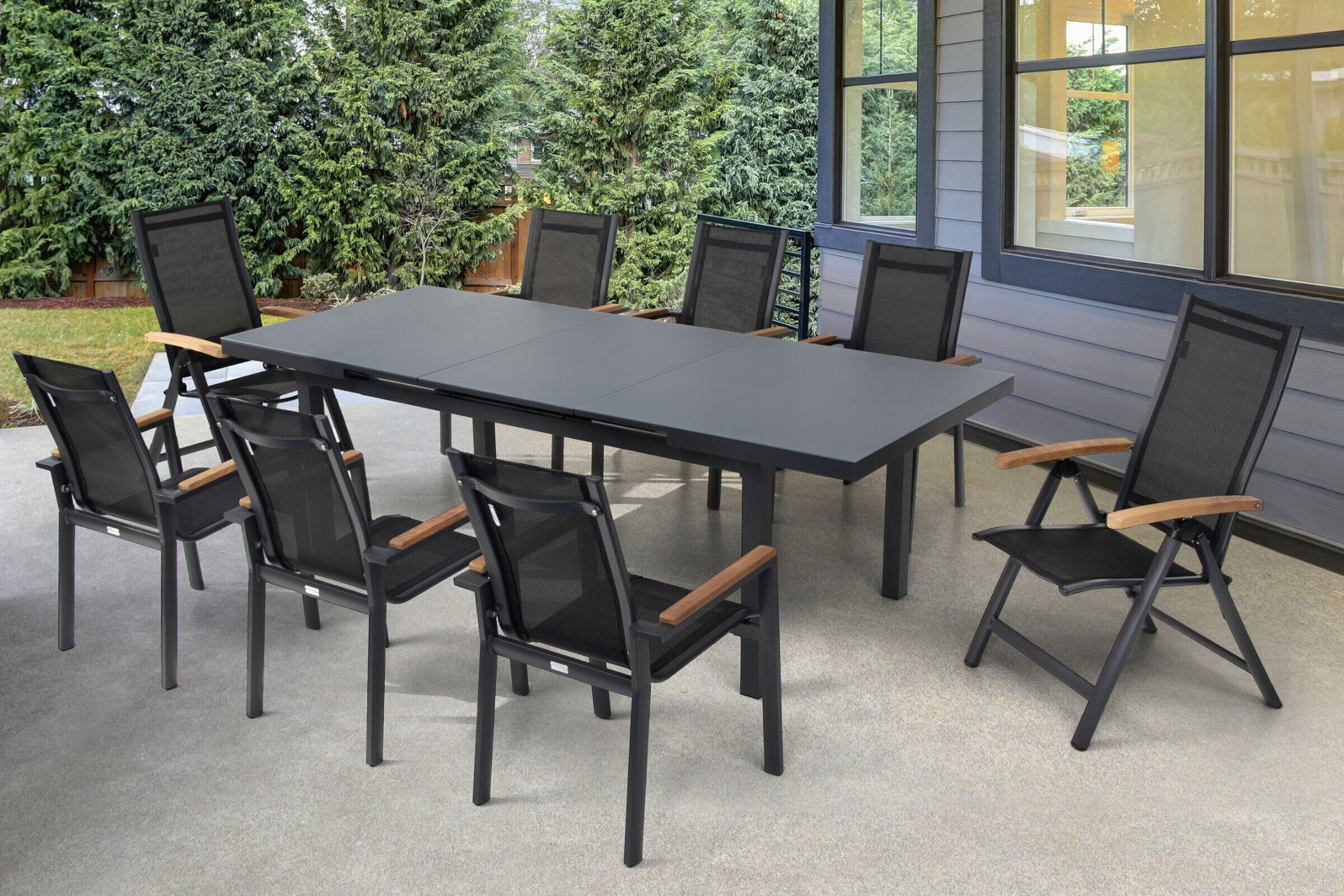 OUTFLEXX Premium Garten-Essgruppe, OUTFLEXX® anthrazit matt, Alu / Glas / Teak, Tisch 180/240 x 100cm, 6 Stapelsessel, 2 Multipositionssessel