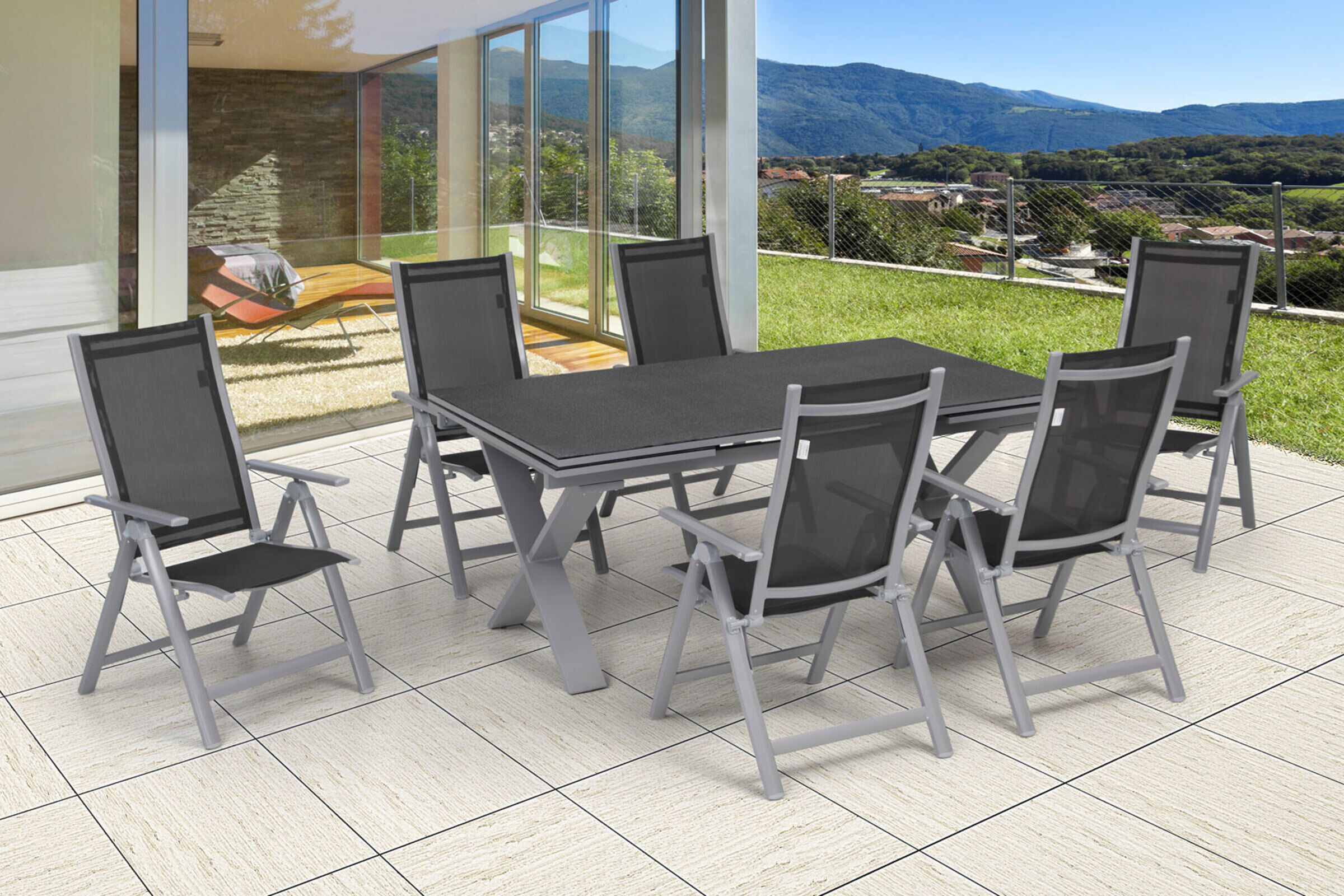 OUTFLEXX Garten-Essgruppe, silber, Alu / Spraystone / Textil, Tisch 180/280x100cm, 6 Multipositionssessel