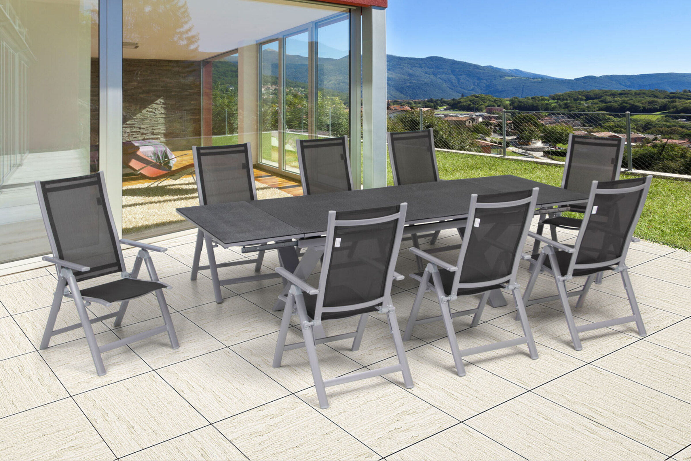 OUTFLEXX Garten-Essgruppe, silber, Alu / Spraystone / Textil, Tisch 180/280x100cm, 8 Multipositionssessel