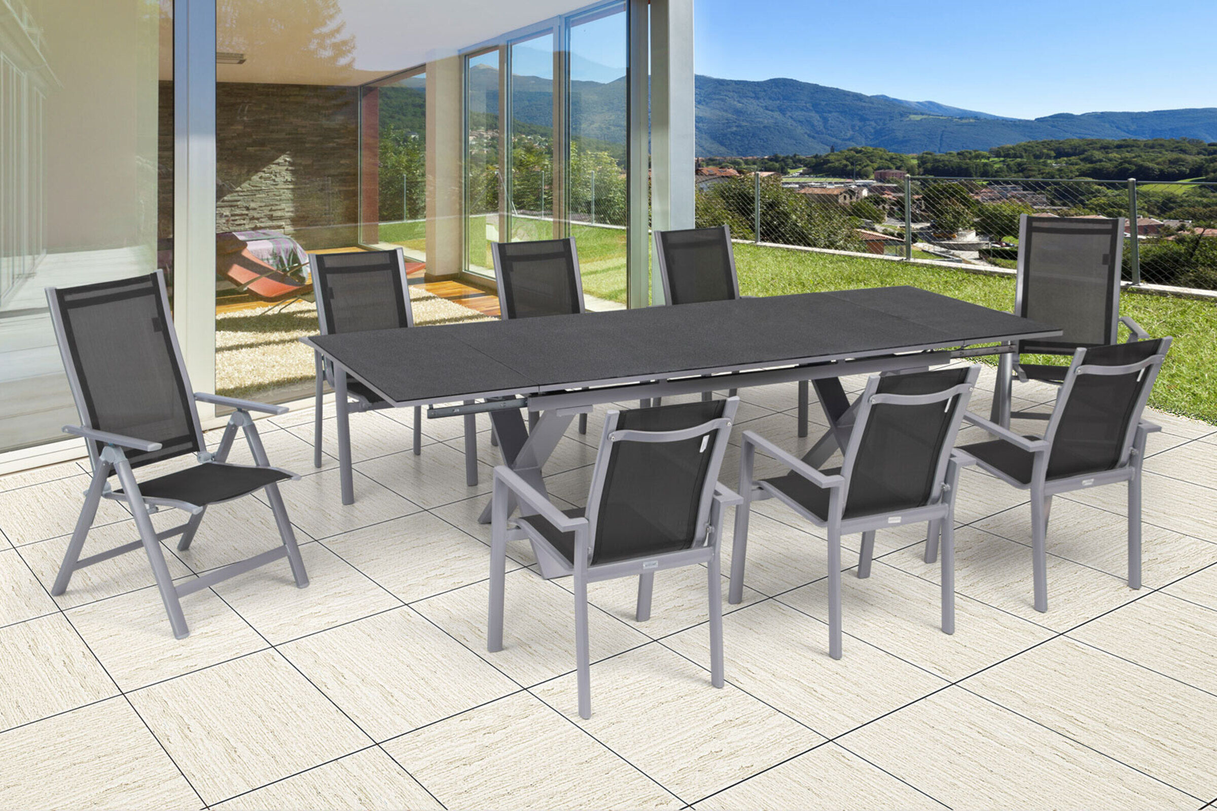 OUTFLEXX Garten-Essgruppe, silber, Alu / Keramik / Textil, Tisch 180/280 x 100 cm, 6 Stapelsessel, 2 Multipositionssessel