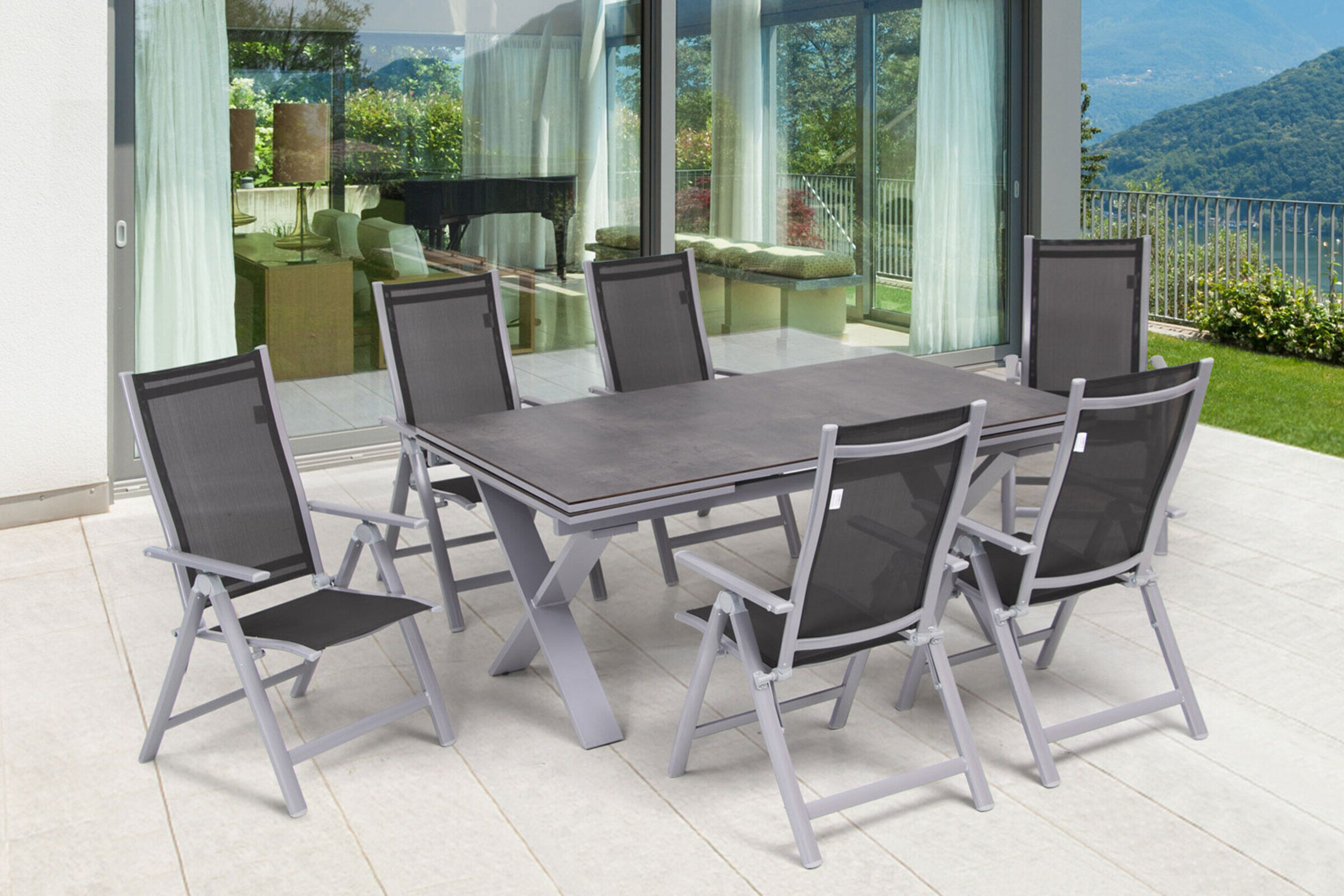 OUTFLEXX Garten-Essgruppe, silber, Alu / HPL / Textil, Tisch 180/280x100cm, 6 Multipositionssessel