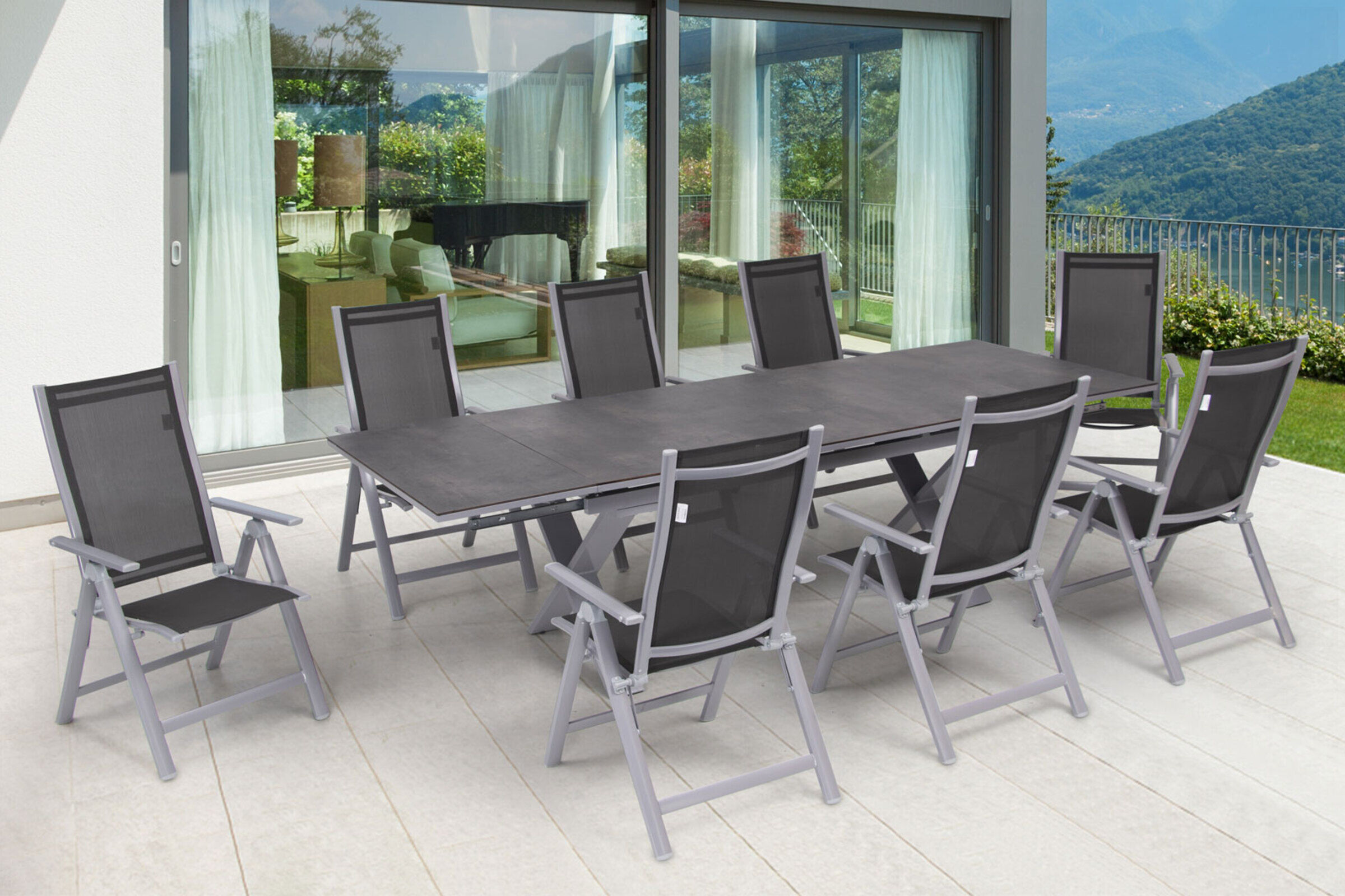 OUTFLEXX Garten-Essgruppe, silber, Alu / HPL / Textil, Tisch 180/280x100cm, 8 Multipositionssessel