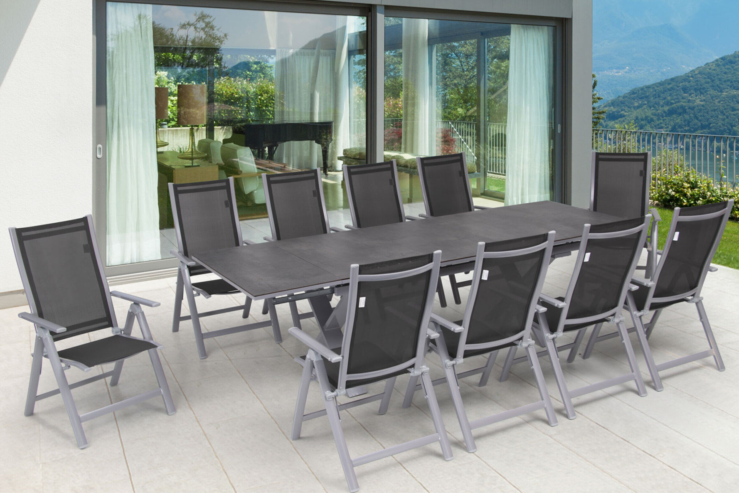 OUTFLEXX Garten-Essgruppe, silber, Alu / HPL / Textil, Tisch 180/280x100cm, 10 Multipositionssessel