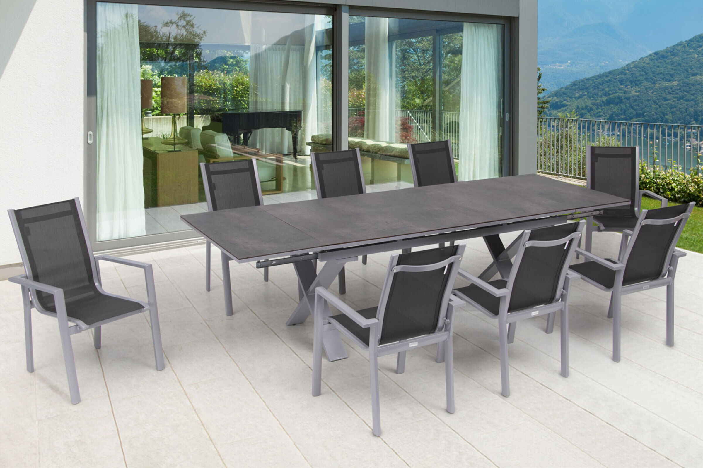 OUTFLEXX Garten-Essgruppe, silber, Alu / HPL / Textil, Tisch 180/280x100cm, 8 Stapelsessel