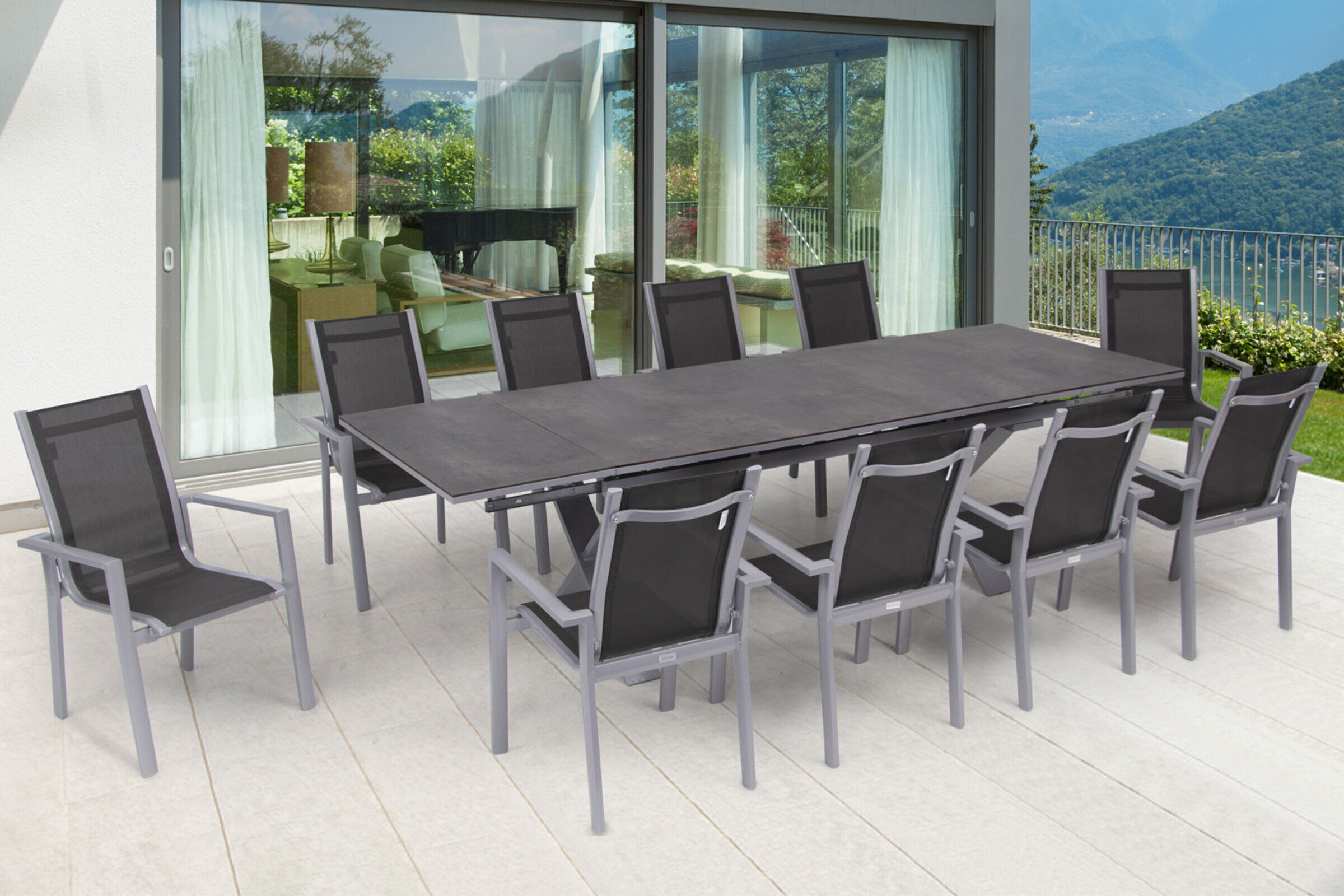 OUTFLEXX Garten-Essgruppe, silber, Alu / HPL / Textil, Tisch 180/280x100cm, 10 Stapelsessel