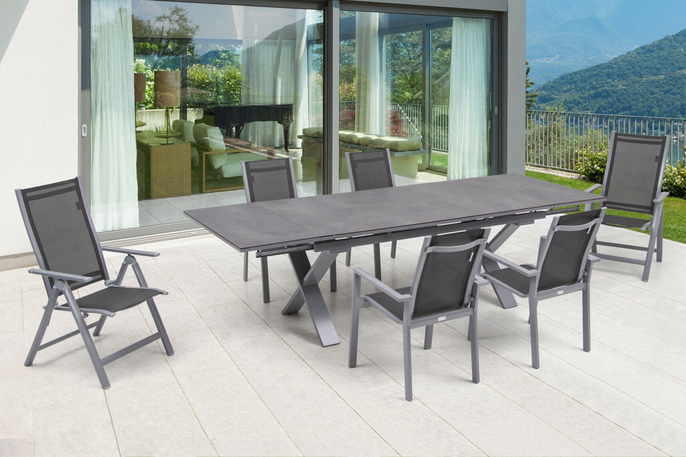 OUTFLEXX Garten-Essgruppe, silber, Alu / HPL / Textil, Tisch 180/280 x 100 cm, 4 Stapelsessel, 2 Multipositionssessel