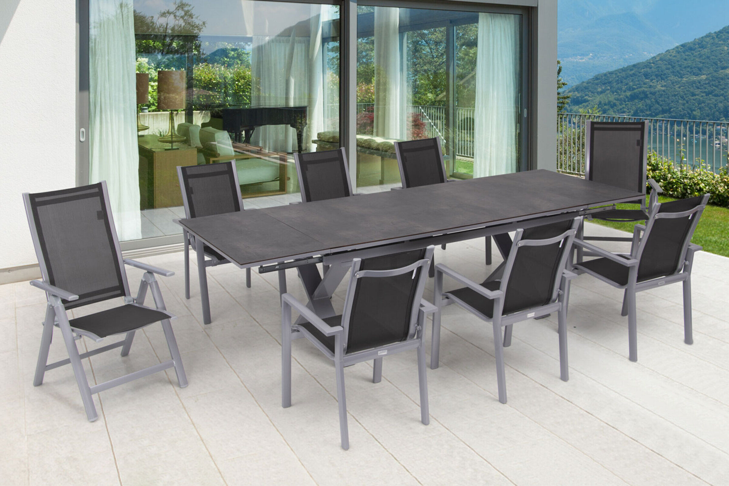 OUTFLEXX Garten-Essgruppe, silber, Alu / HPL / Textil, Tisch 180/280 x 100 cm, 6 Stapelsessel, 2 Multipositionssessel