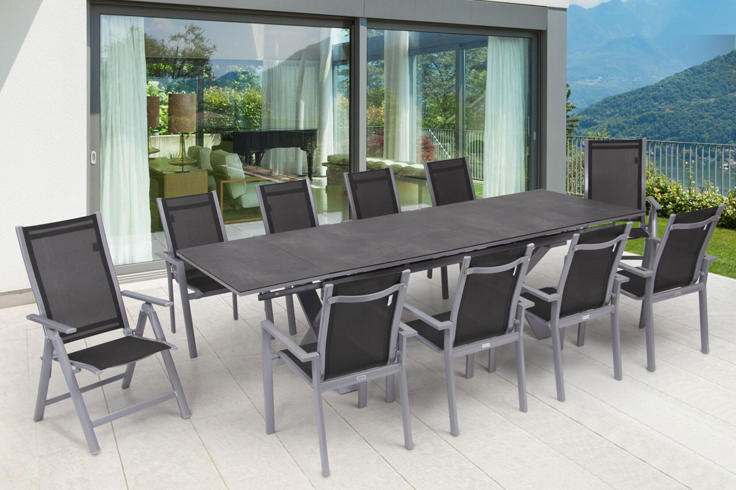 OUTFLEXX Garten-Essgruppe, silber, Alu / HPL / Textil, Tisch 180/280 x 100 cm, 8 Stapelsessel, 2 Multipositionssessel