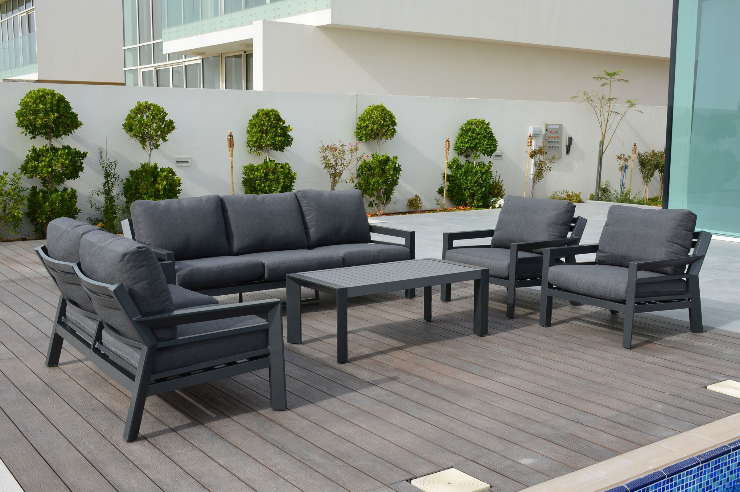 OUTFLEXX Gartenlounge, anthrazit, Alu/Olefin, 7 Personen, Loungetisch 120×60 cm