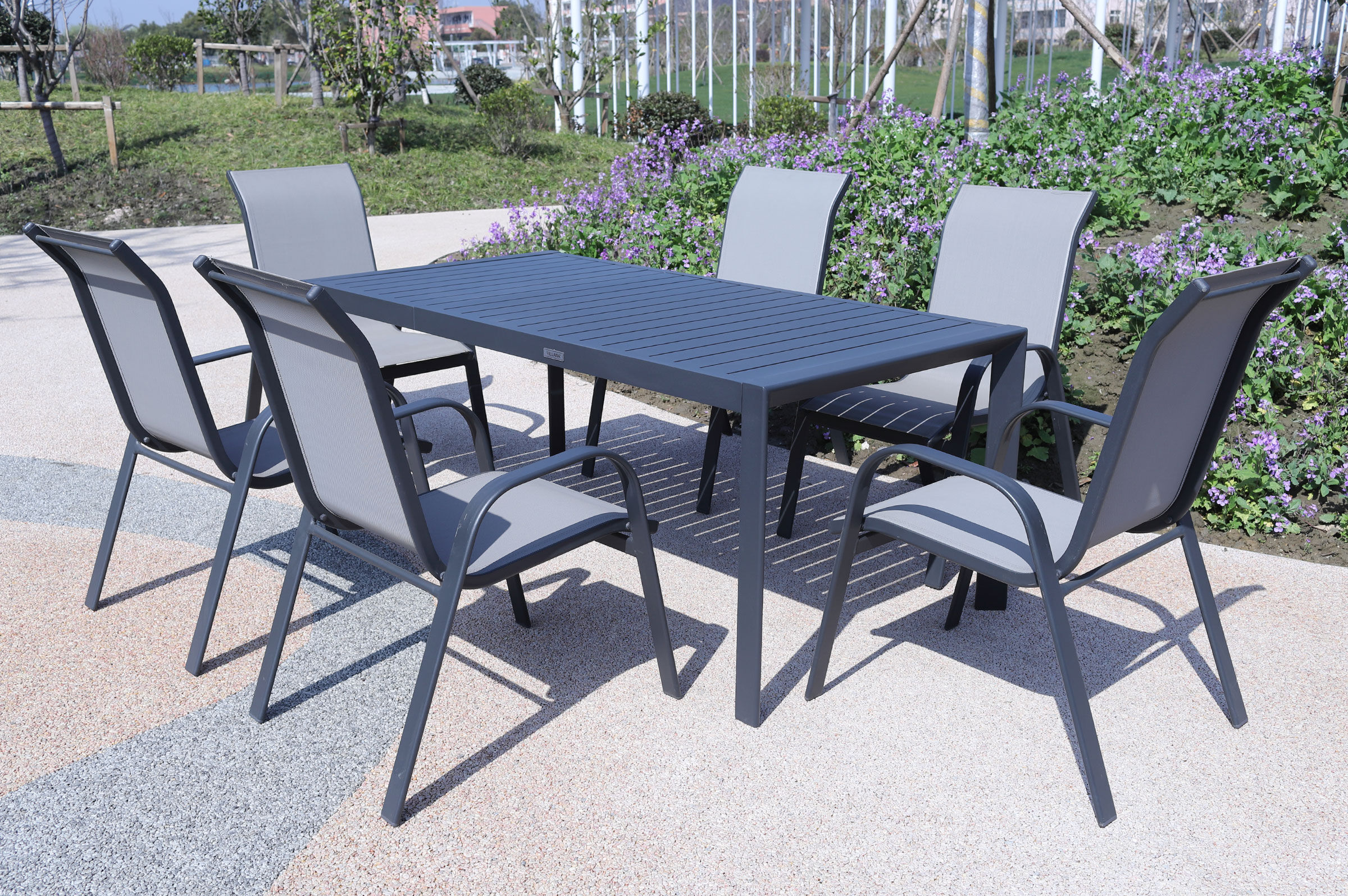 VILLANA Garten-Essgruppe, anthrazit/grau, Alu/Textilene, Tisch 130/180x90cm, 6 Sessel, stapelbar