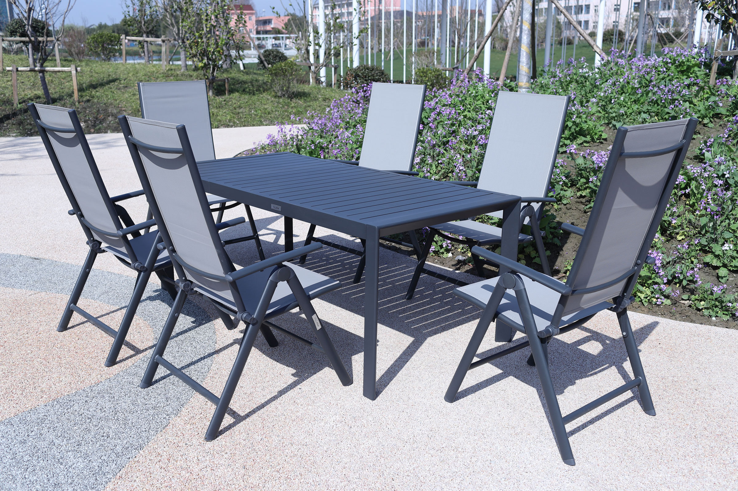 VILLANA Garten-Essgruppe, anthrazit/grau, Alu/Textilene, Tisch 130/180x90cm, 6 Multipositionssessel