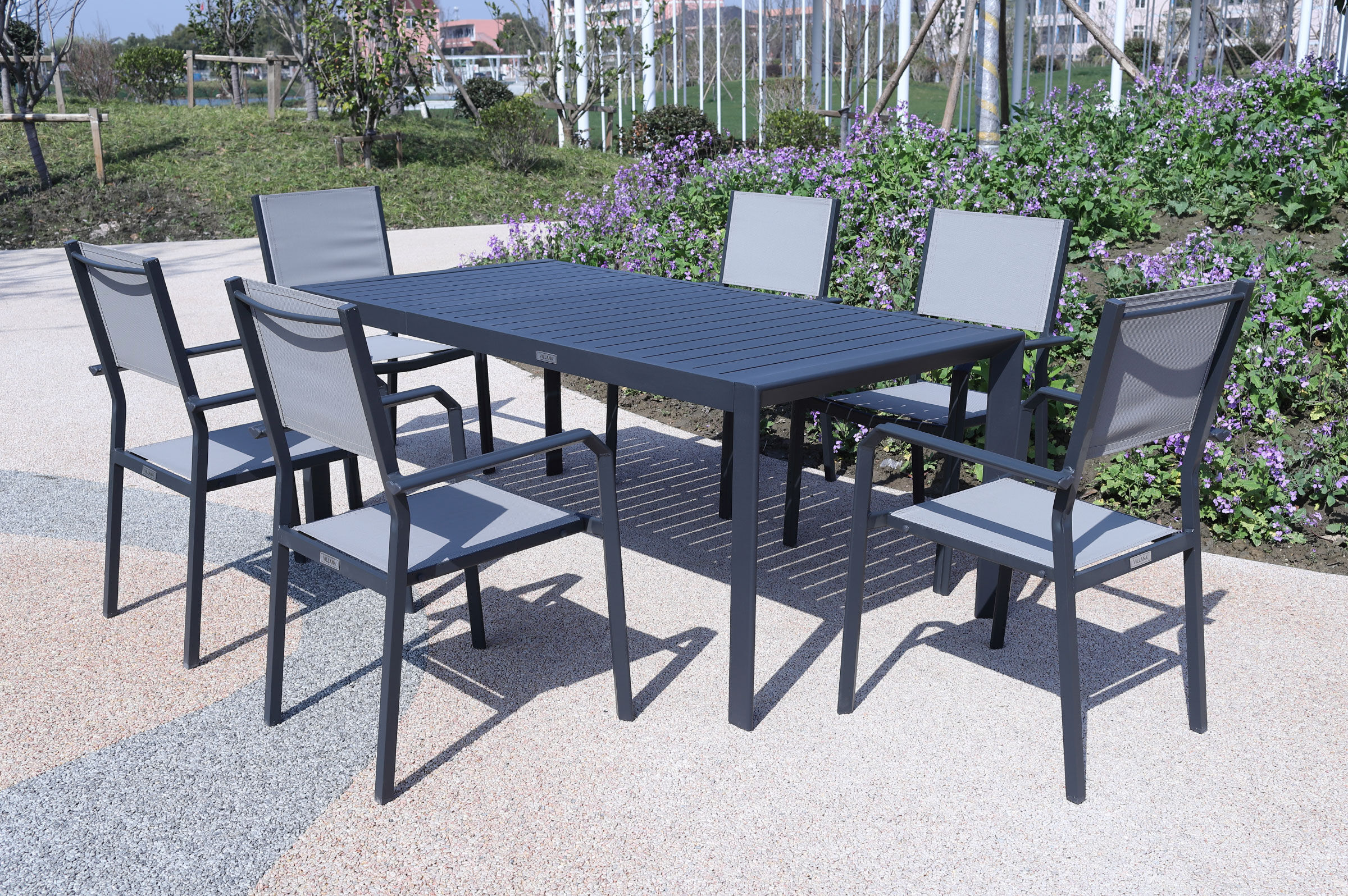 VILLANA Garten-Essgruppe, anthrazit/grau, Alu/Textilene, Tisch 130/180x90cm, 6 Stapelsessel