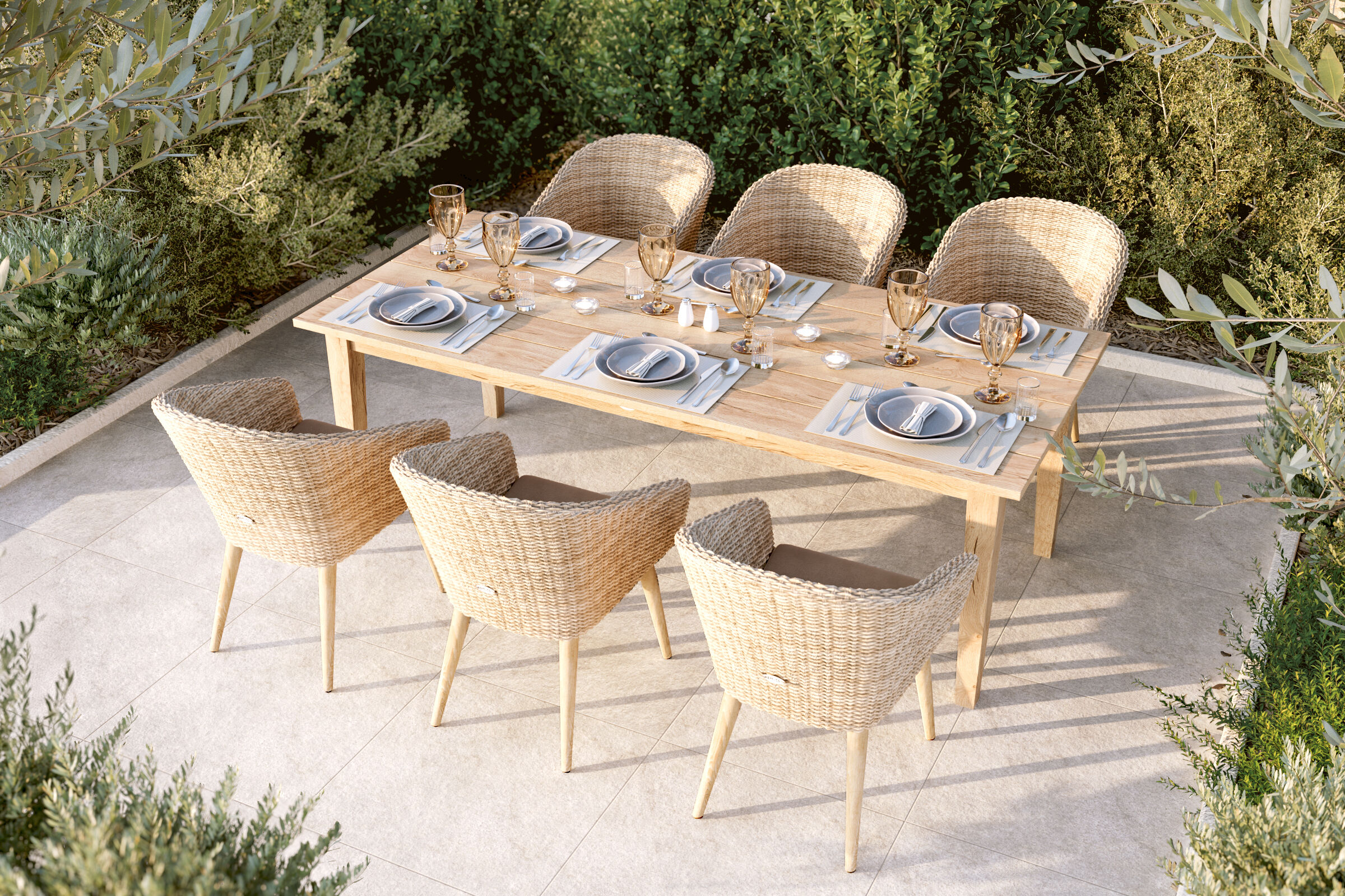 Ploß Borneo Garten-Essgruppe, beige-meliert, Polyrattan/FSC-Akazie, Tisch 220 x 100 cm, 6 Cocktail-Sessel