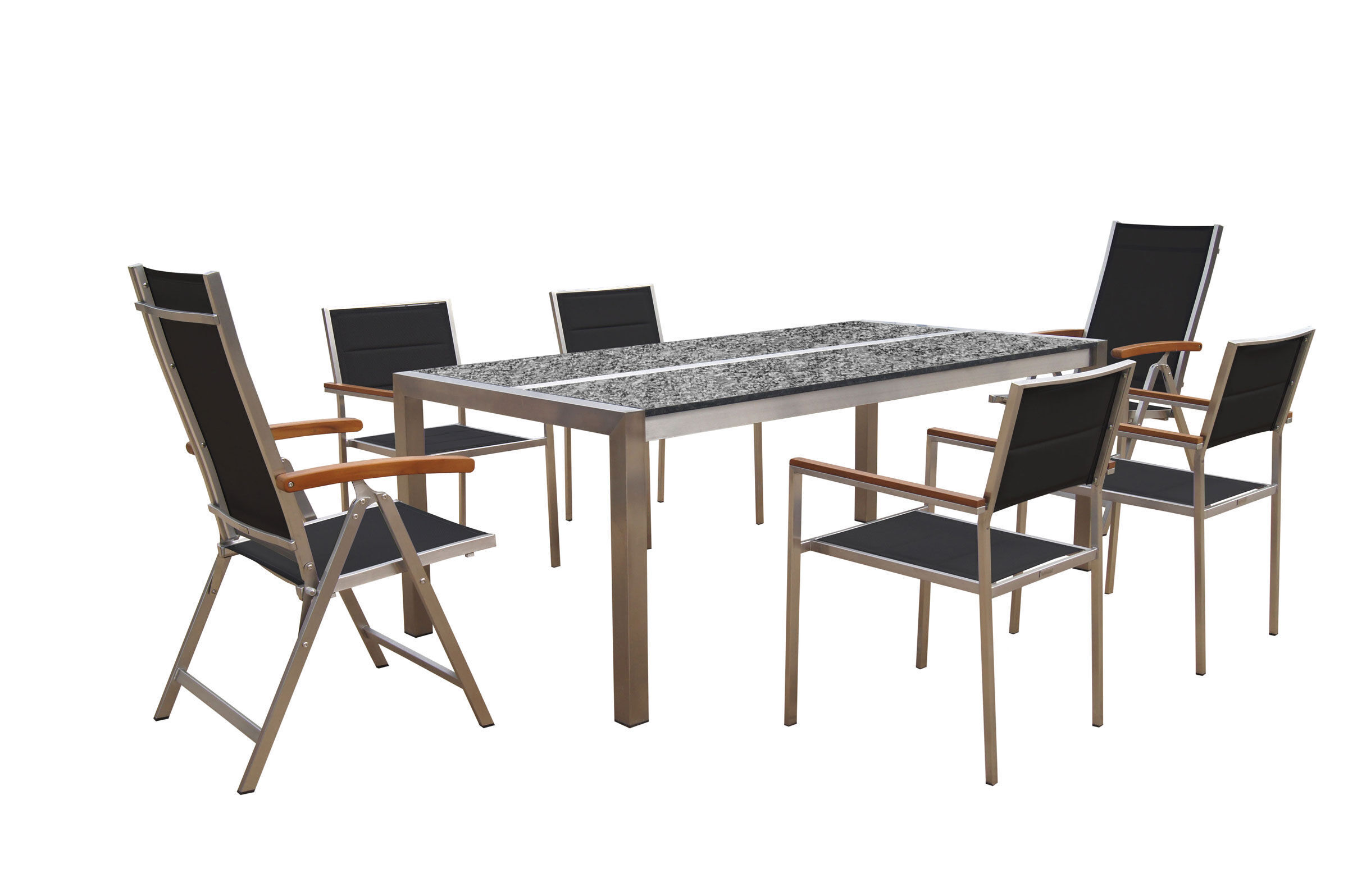 OUTFLEXX Garten-Essgruppe, silber/schwarz, Edelstahl/Granit/Textil, 200×100 cm, 4 StÃ¼hle, 2 Multipositionssessel, padded, Armlehnen aus FSC-Teak