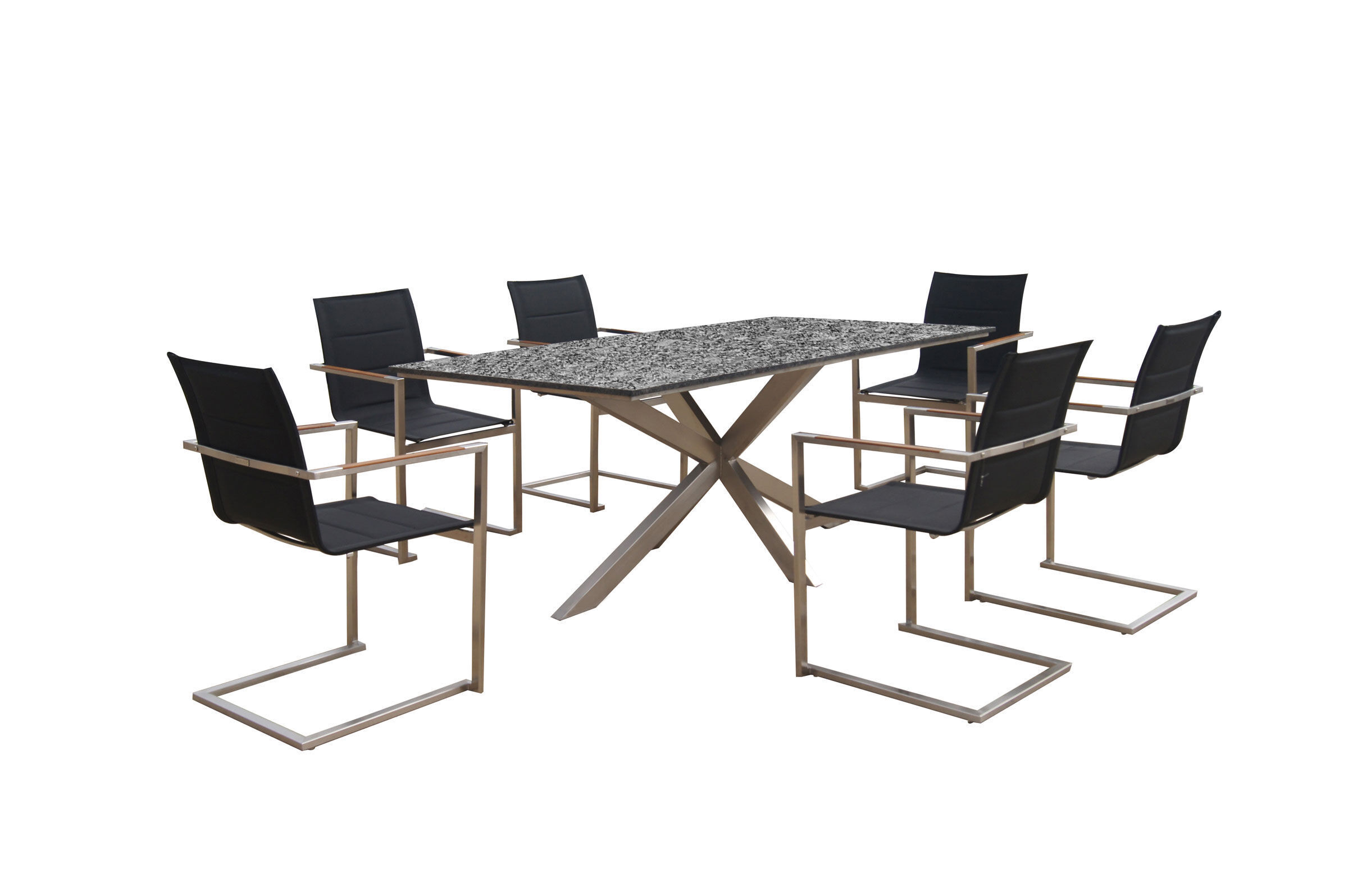 OUTFLEXX Garten-Essgruppe, silber/schwarz, Edelstahl/Granit/Textil, 200×100 cm, 6 Freischwinger, padded, Armlehnen aus FSC-Teak