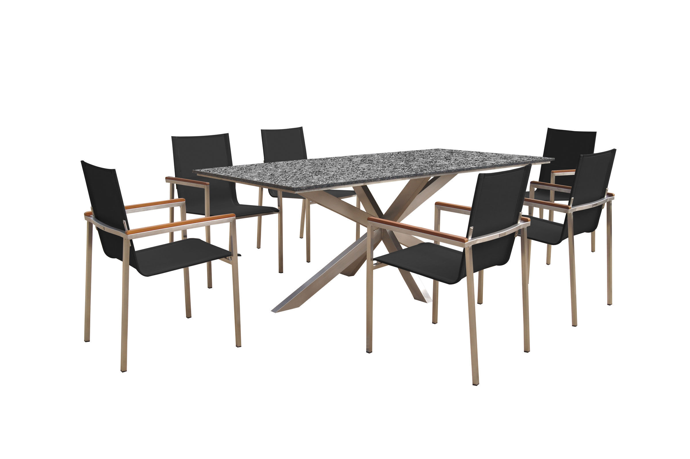 OUTFLEXX Garten-Essgruppe, silber/schwarz, Edelstahl/Granit/Textil, 200×100 cm, 6 Gartensessel, Armlehnen aus FSC-Teak