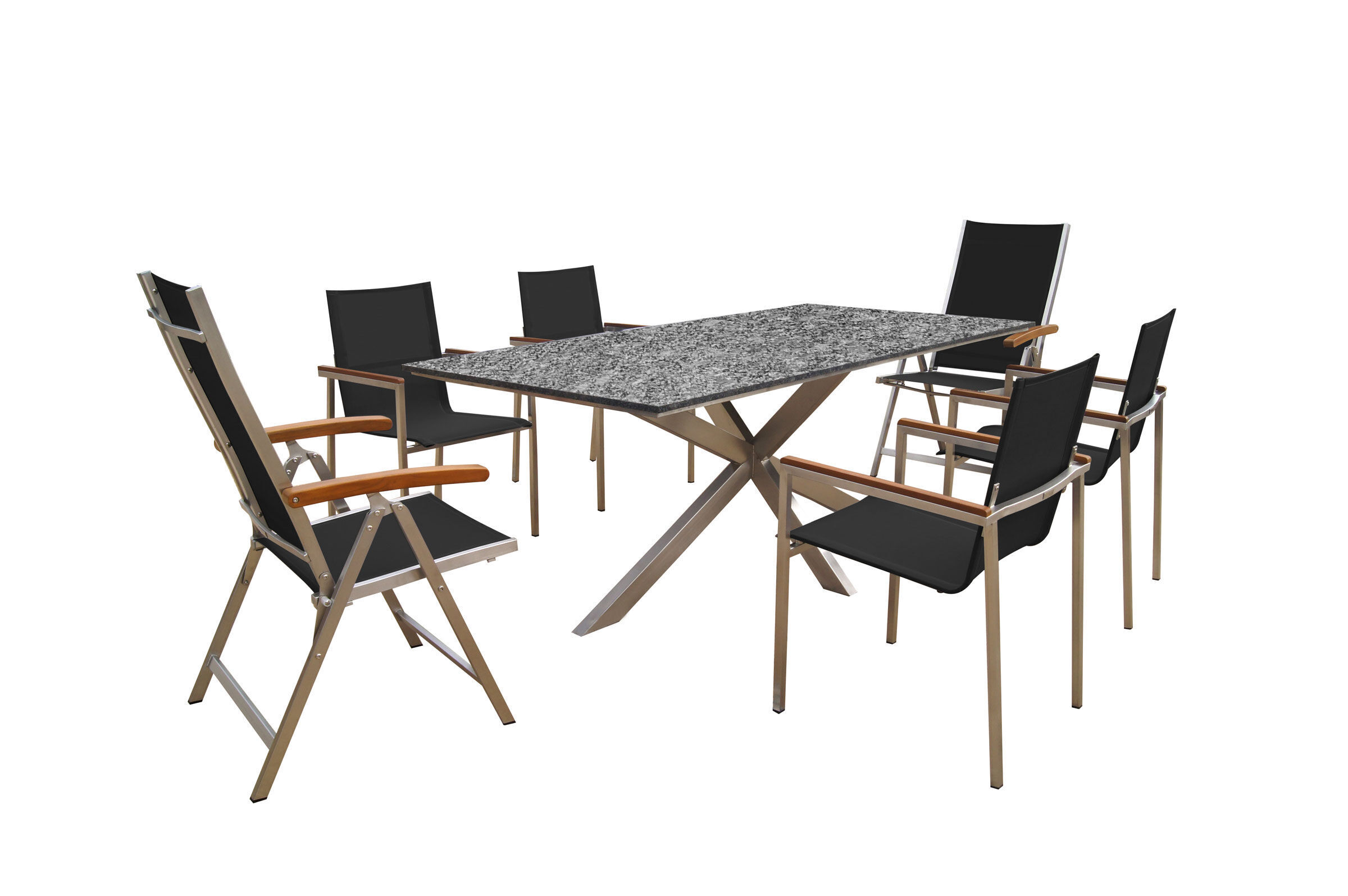 OUTFLEXX Garten-Essgruppe, silber/schwarz, Edelstahl/Granit/Textil, 200×100 cm, 4 Gartensessel, 2 Multipositionssessel, Armlehnen aus FSC-Teak