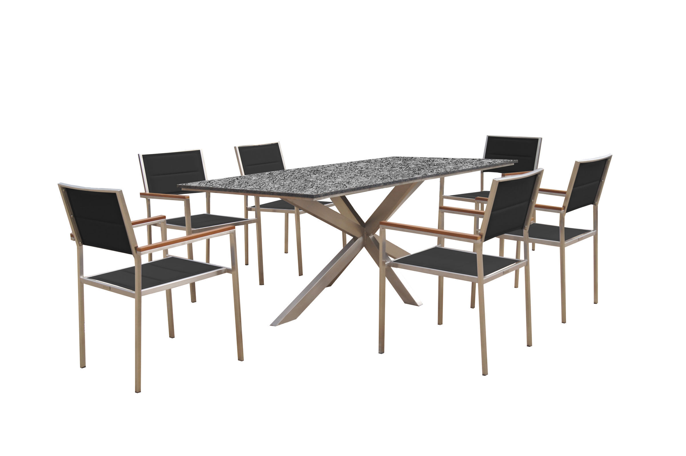 OUTFLEXX Garten-Essgruppe, silber/schwarz, Edelstahl/Granit/Textil, 200×100 cm, 6 Stühle, padded, Armlehnen aus FSC-Teak