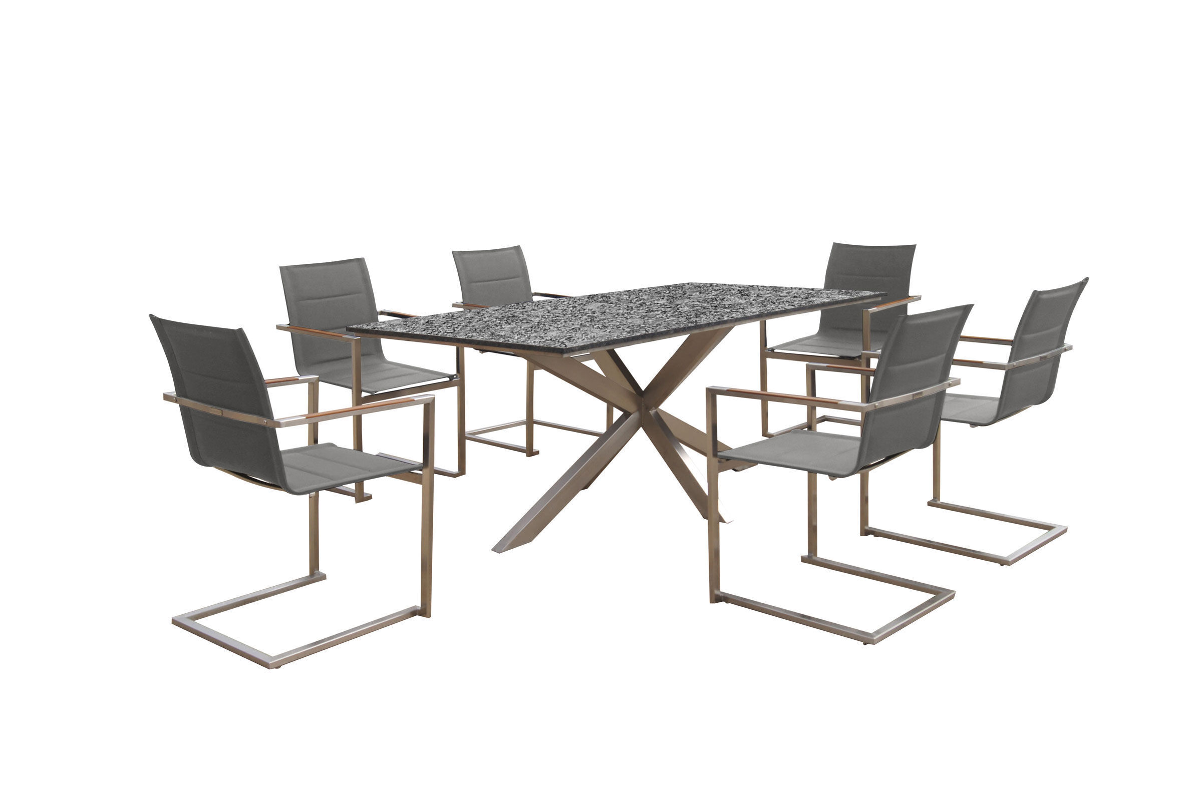 OUTFLEXX Garten-Essgruppe, silber, Edelstahl/Granit/Textilene, 200×100 cm, 6 Freischwinger, padded, Armlehnen aus FSC-Teak