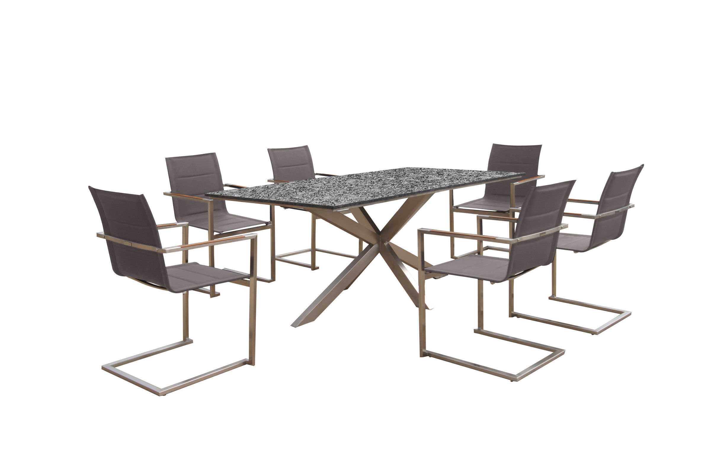 OUTFLEXX Garten-Essgruppe, silber/taupe, Edelstahl/Granit/Textil, 200×100 cm, 6 Freischwinger, padded, Armlehnen aus FSC-Teak