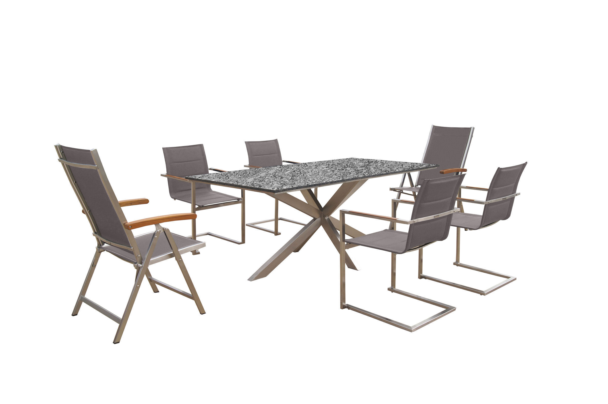 OUTFLEXX Garten-Essgruppe, silber/taupe, Edelstahl/Granit/Textil, 200×100 cm, 4 Freischwinger, 2 Multipositionssessel, padded, Armlehnen aus FSC-Teak