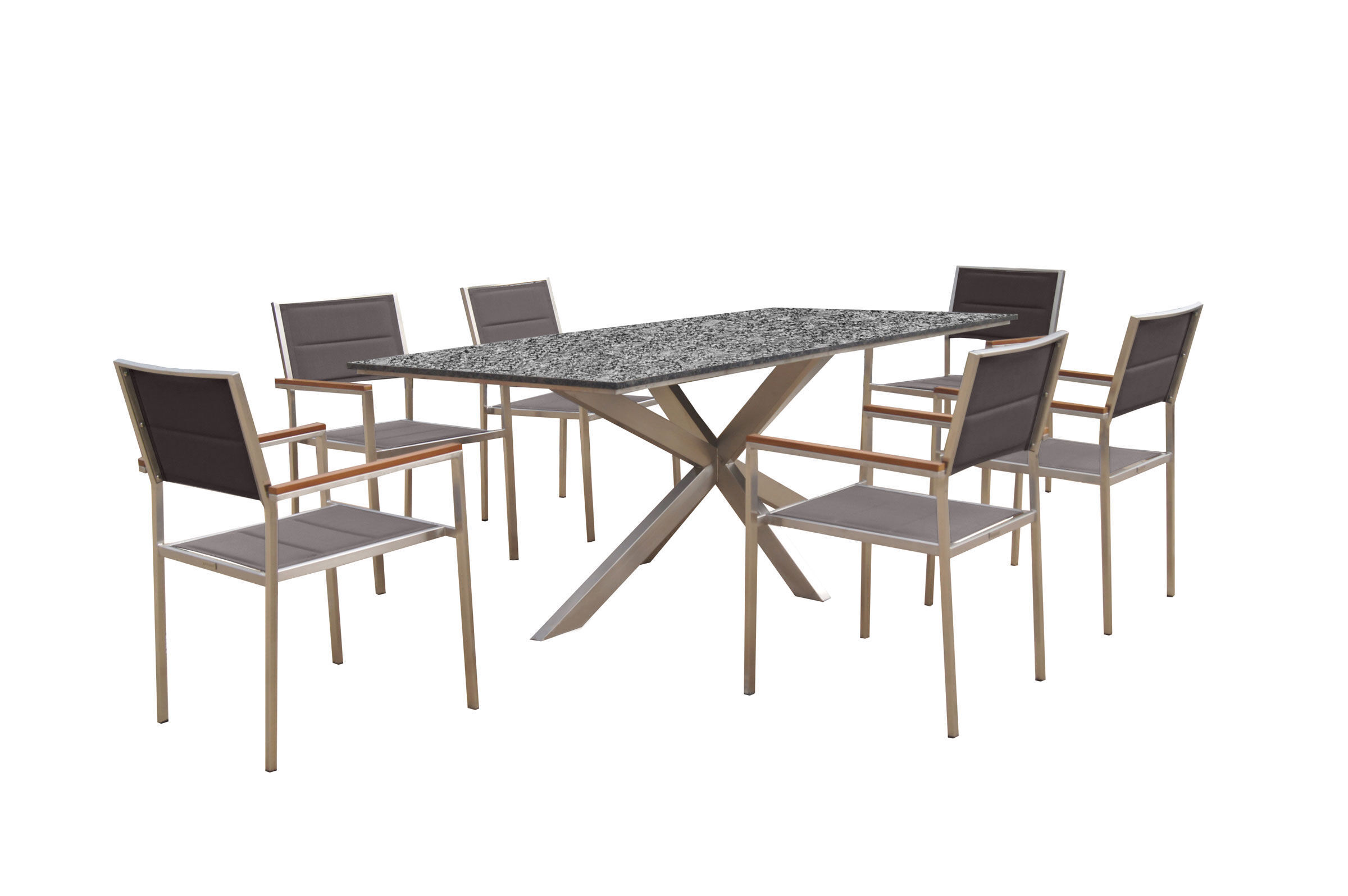 OUTFLEXX Garten-Essgruppe, silber/taupe, Edelstahl/Granit/Textil, 200×100 cm, 6 Stühle, padded, Armlehnen aus FSC-Teak