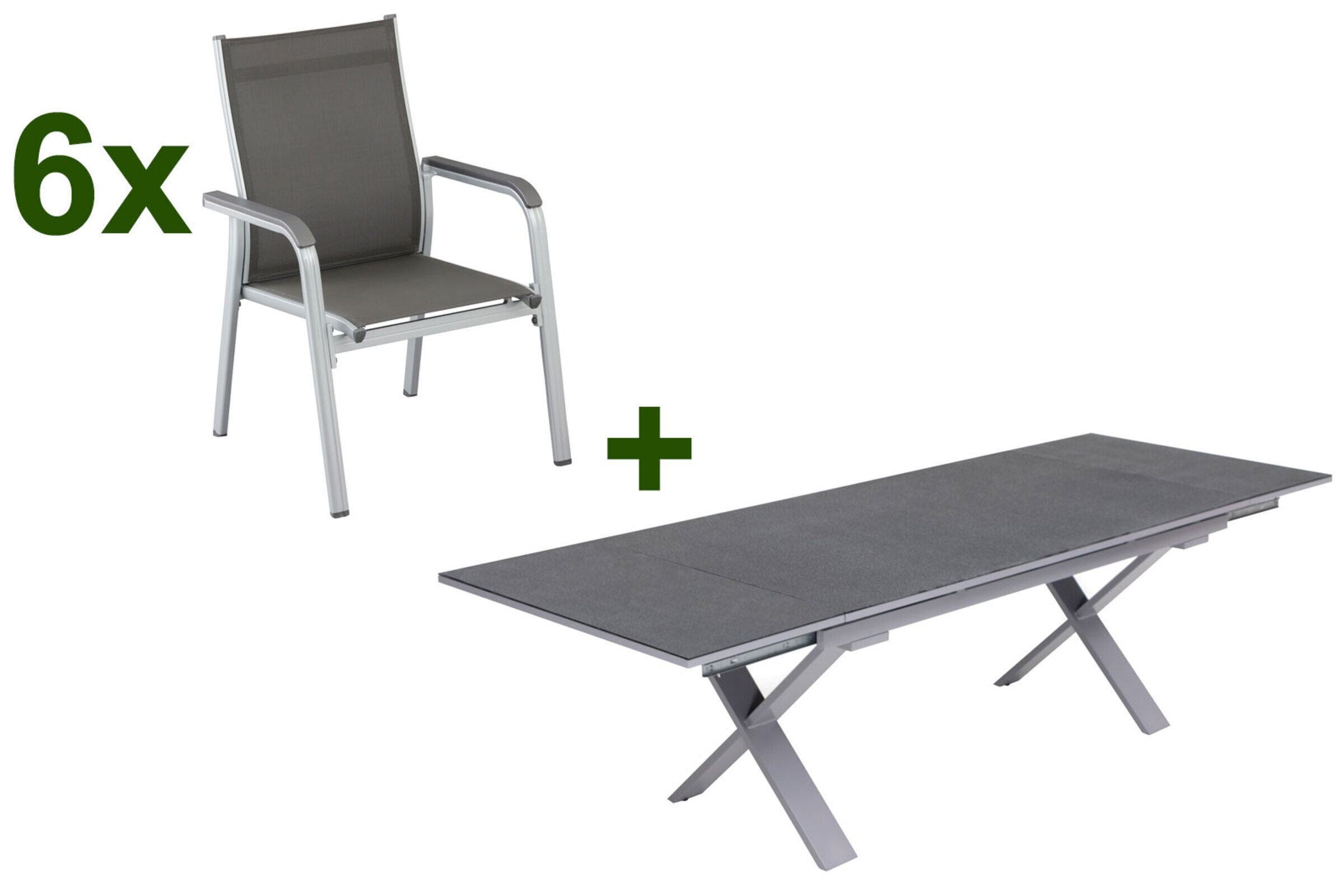 KETTLER BasicPlus Garten-Essgruppe, silber / anthrazit, Alu / Spraystone / Textil, Tisch 180/280x100cm, 6 Stapelsessel