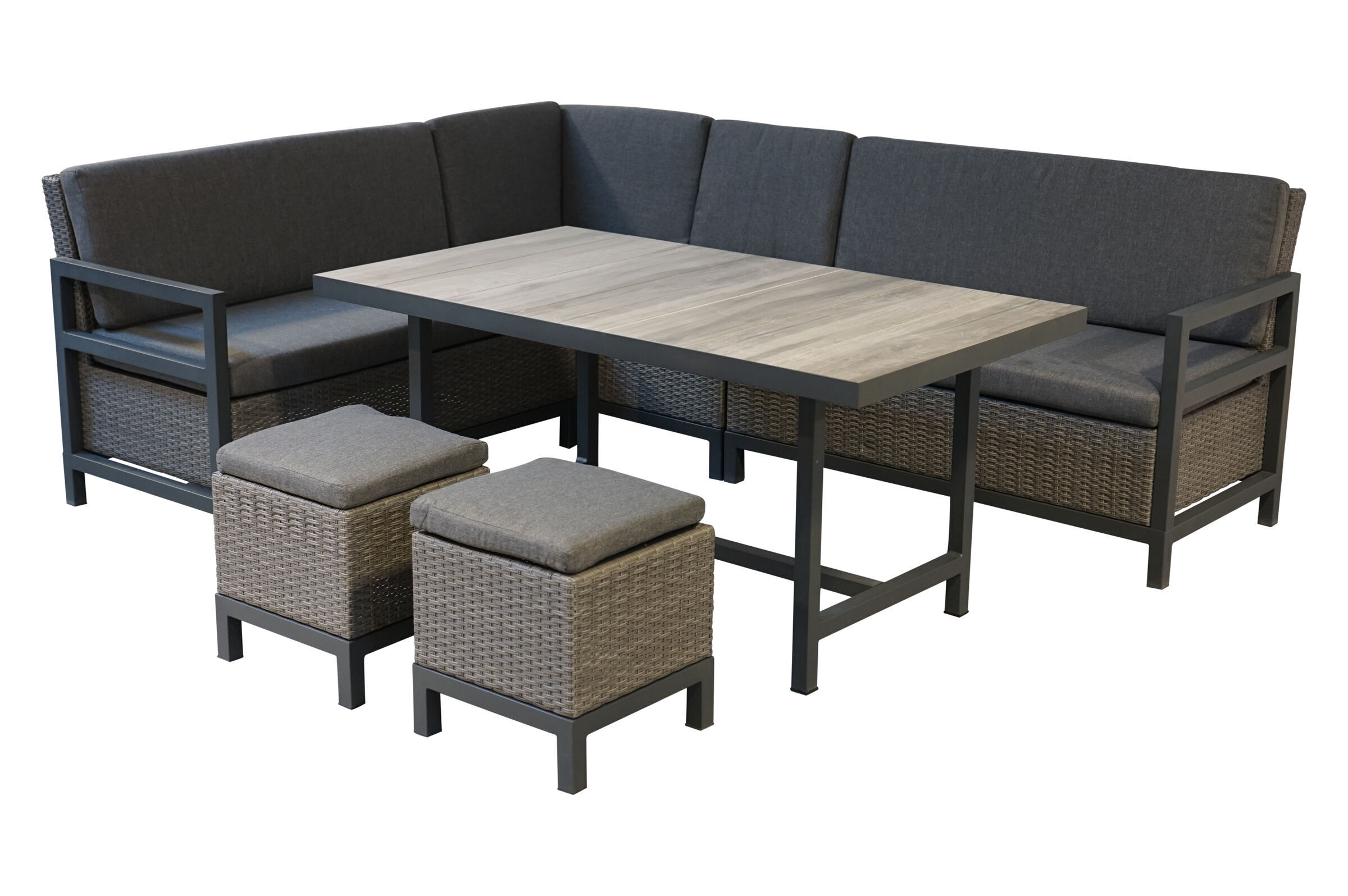 Ploß Capri Loungegruppe, grau, Alu/Polyrattan, 6tlg. Tisch 145×84 cm, 6 Personen, inkl. Polster