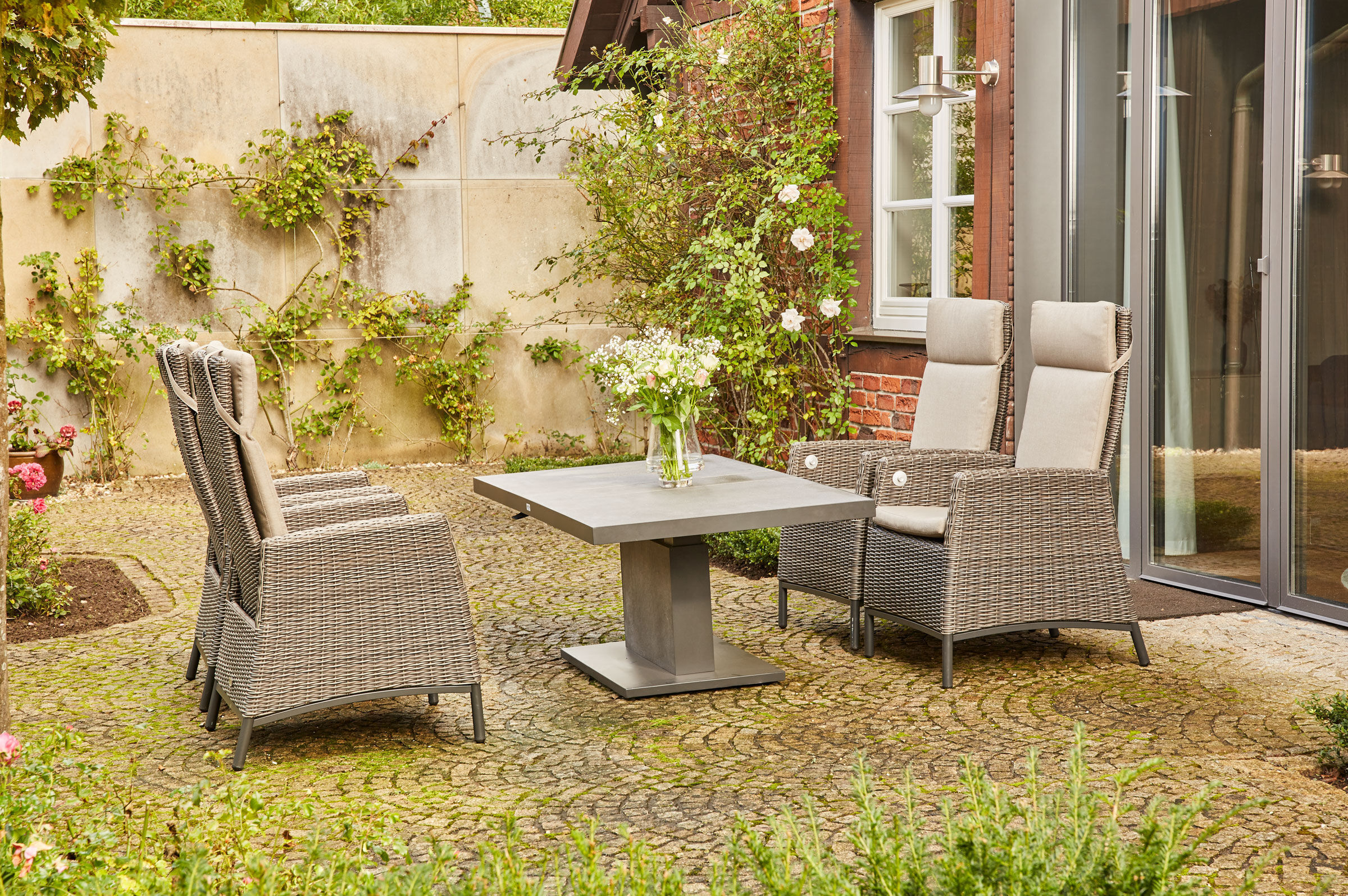 SIENA GARDEN Amira/Bellani Garten-Essgruppe, charcoal grey, Alu/Gardino®-Geflecht/Keramik, 140 x 85 x 50-72cm, inkl. 4 Diningsessel, verstellbar