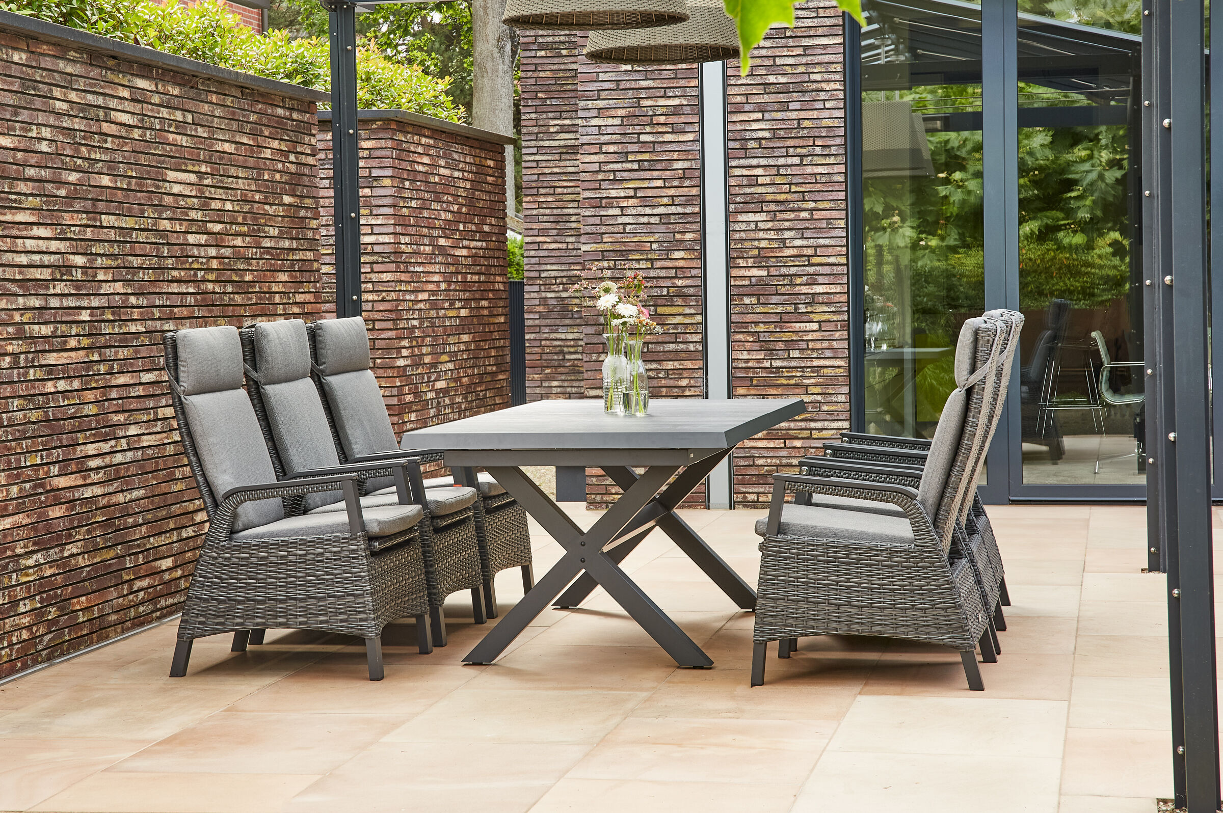 SIENA GARDEN Messina/Solea Garten-Essgruppe, anthrazit/blau, Alu/Gardino®-Geflecht/Keramik, 200-260×100 cm, inkl. 6 Diningsessel, stufenlos verstellbar