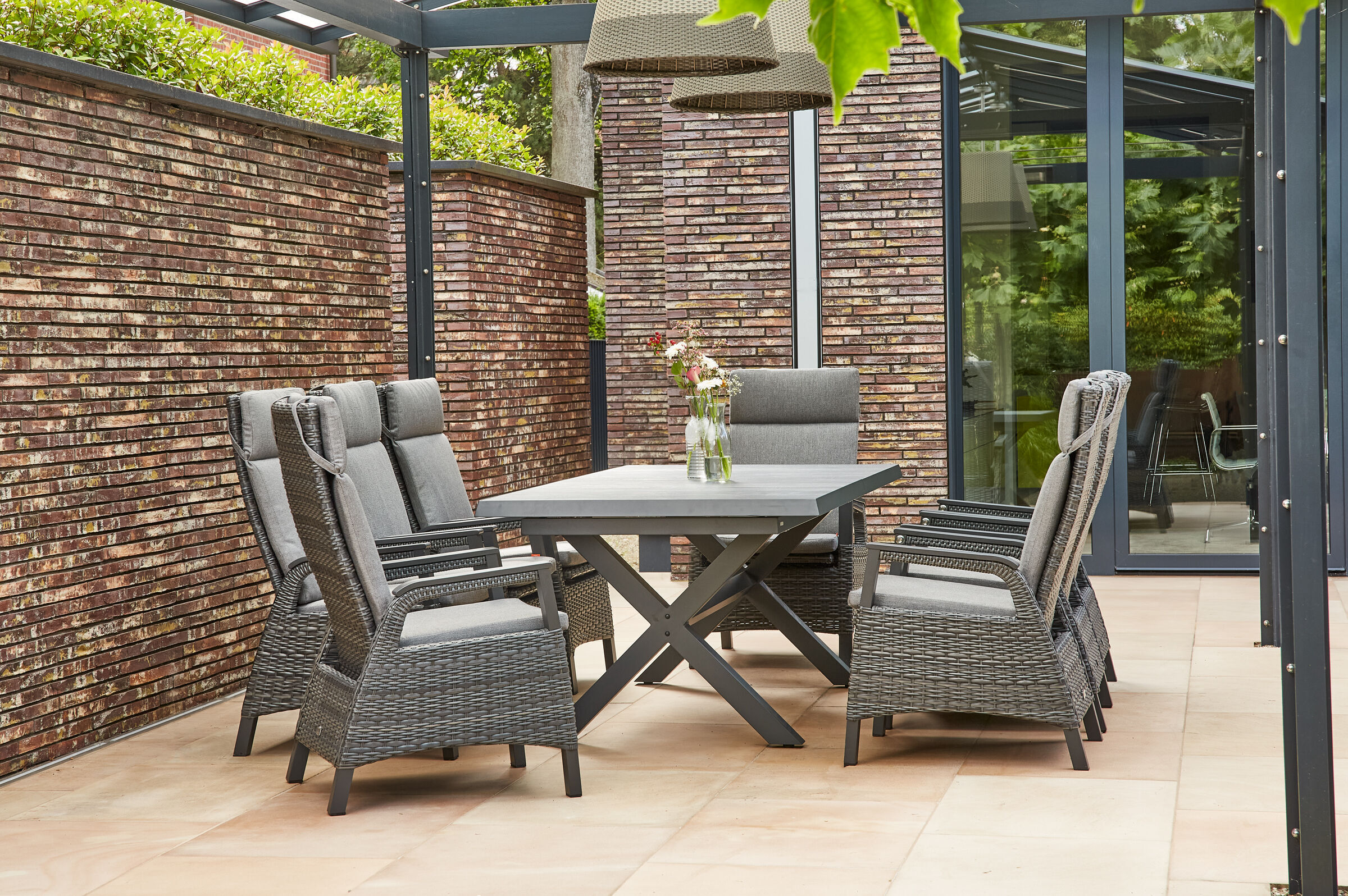 SIENA GARDEN Messina/Solea Garten-Essgruppe, anthrazit/blau, Alu/Gardino®-Geflecht/Keramik, 200-260×100 cm, inkl. 8 Diningsessel, stufenlos verstellbar