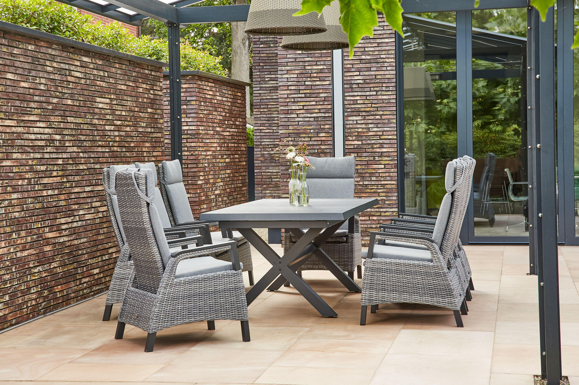 SIENA GARDEN Messina/Solea Garten-Essgruppe, blau/anthrazit, Alu/Gardino®-Geflecht/Keramik, 200-260×100, inkl. 8 Diningsessel, stufenlos verstellbar