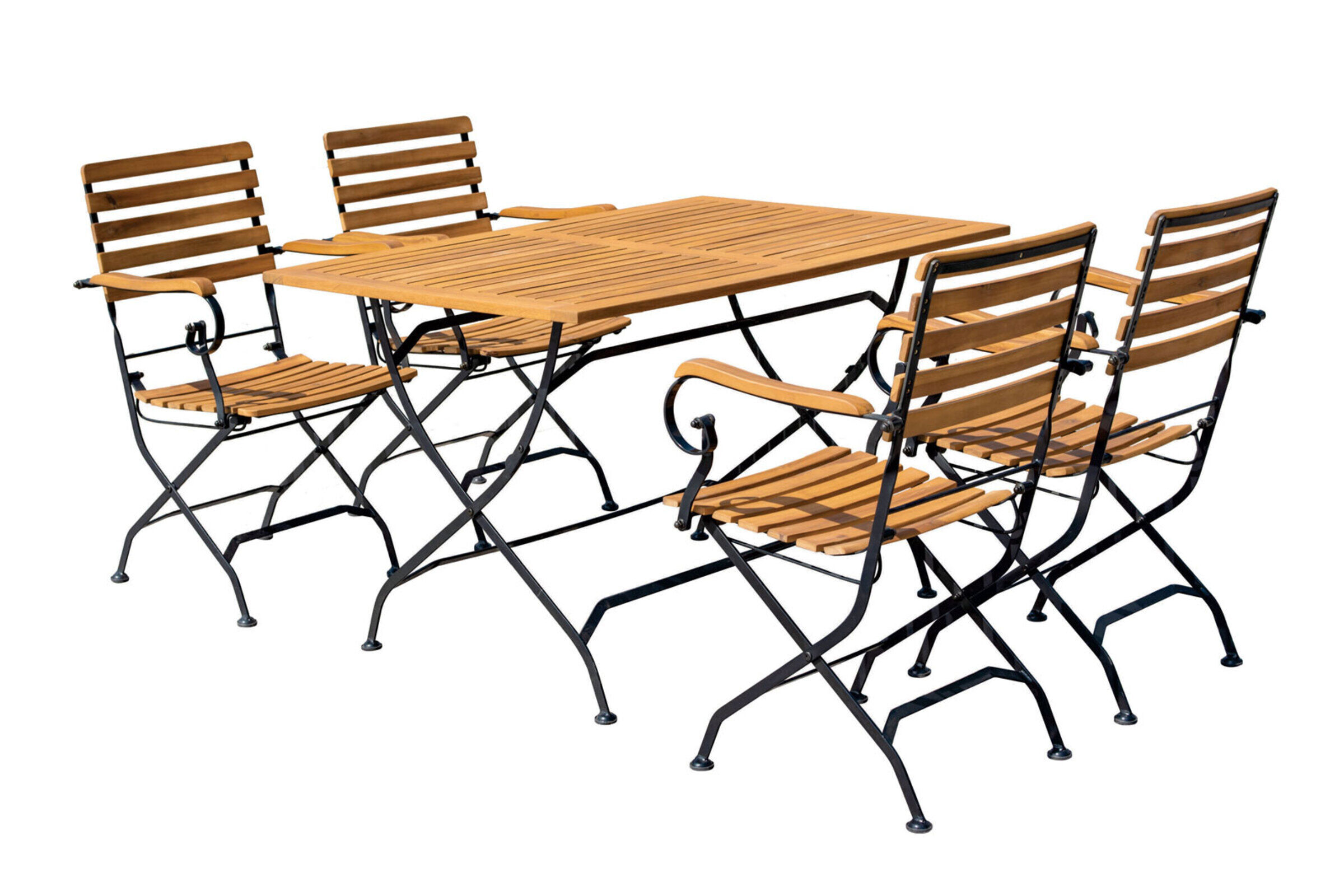 OUTFLEXX Garten-Essgruppe, natur/schwarz, Stahl/FSC-Akazienholz, 120×80 cm, 4 Klappstühle, pulverbeschichtet, verzinkt, mit Armlehnen