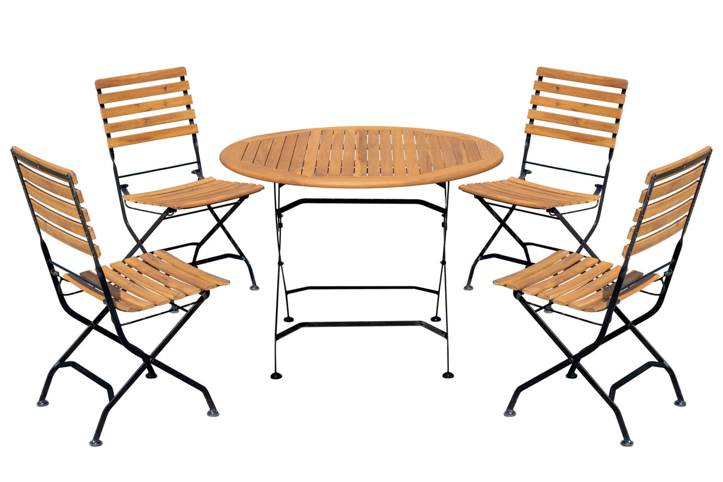 OUTFLEXX Garten-Essgruppe, natur/schwarz, Stahl/FSC-Akazienholz, Ø 90 cm, 4 Klappstühle, pulverbeschichtet, geölt