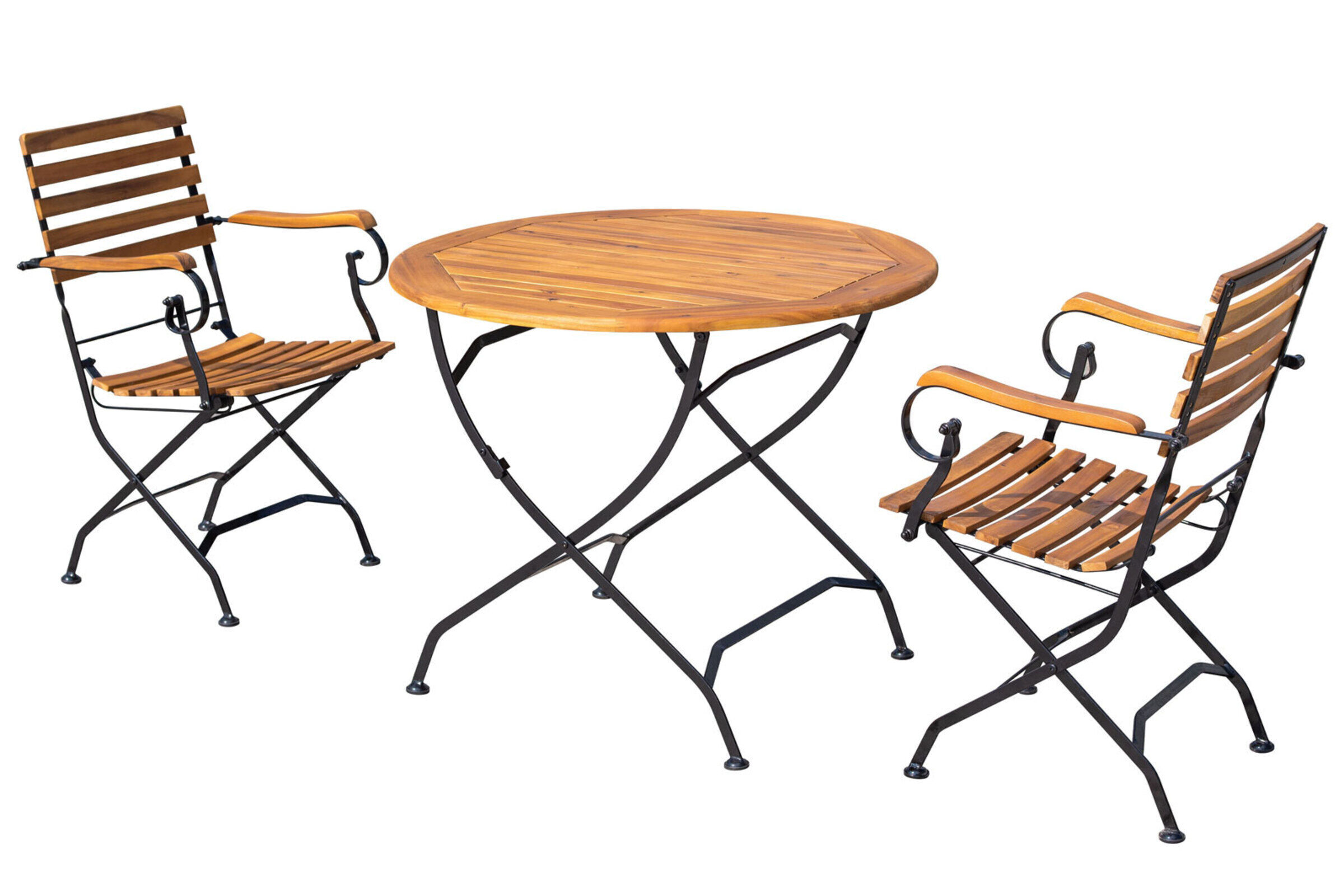 OUTFLEXX Balkon-Set, natur/schwarz, Stahl/FSC-Akazienholz, Ø 90 cm, 2 Klappstühle mit Armlehnen, pulverbeschichtet, geölt