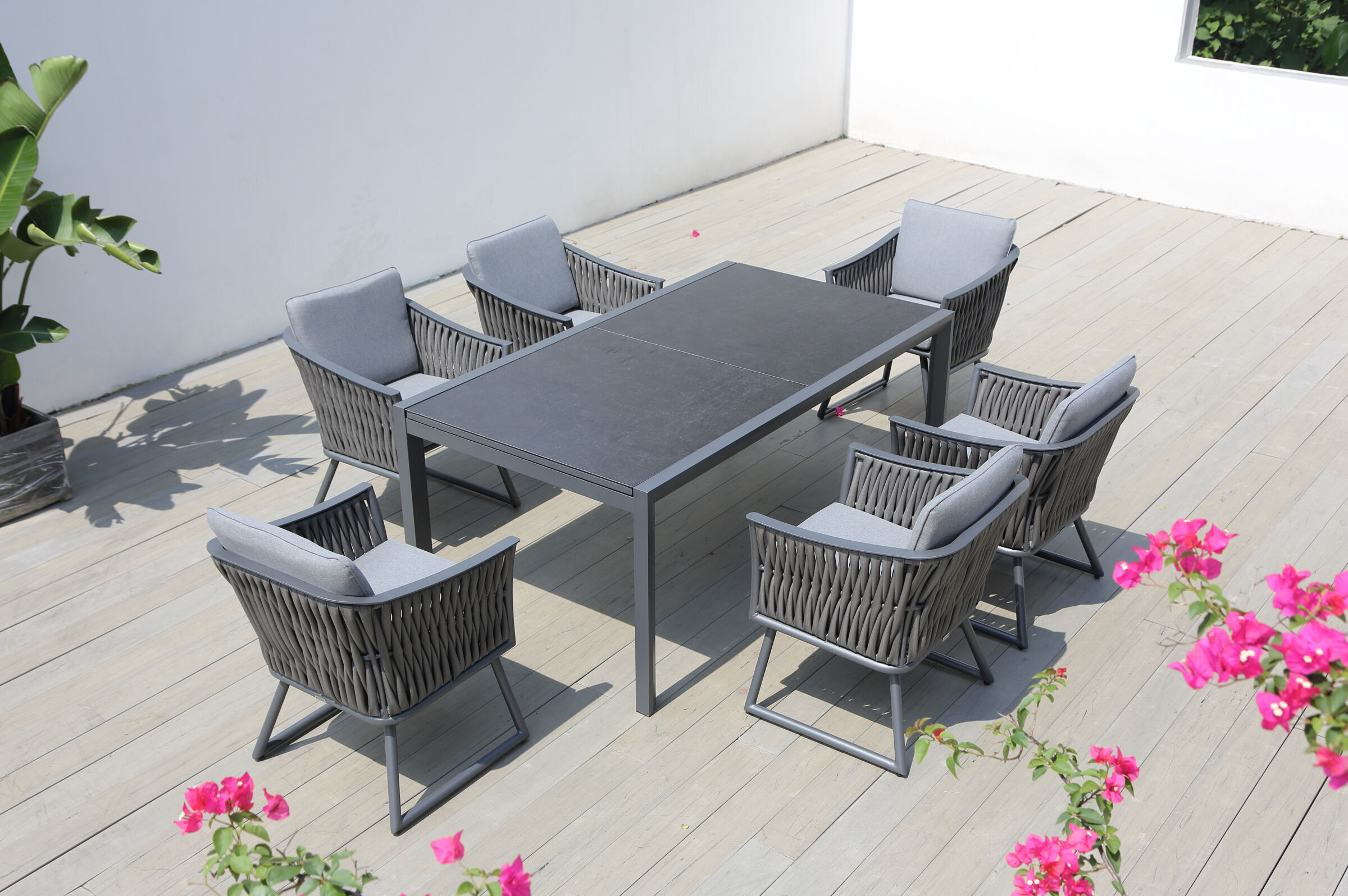 OUTFLEXX Garten-Essgruppe, anthrazit, Alu, Ausziehtisch 180/270×100 cm, 6 Sessel